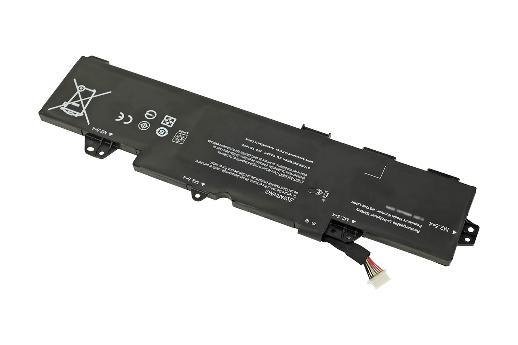 Laptop-Akku. Schwarz, rechteckig, mit Etiketten und Anschlüssen. CE und andere Zertifizierungszeichen.