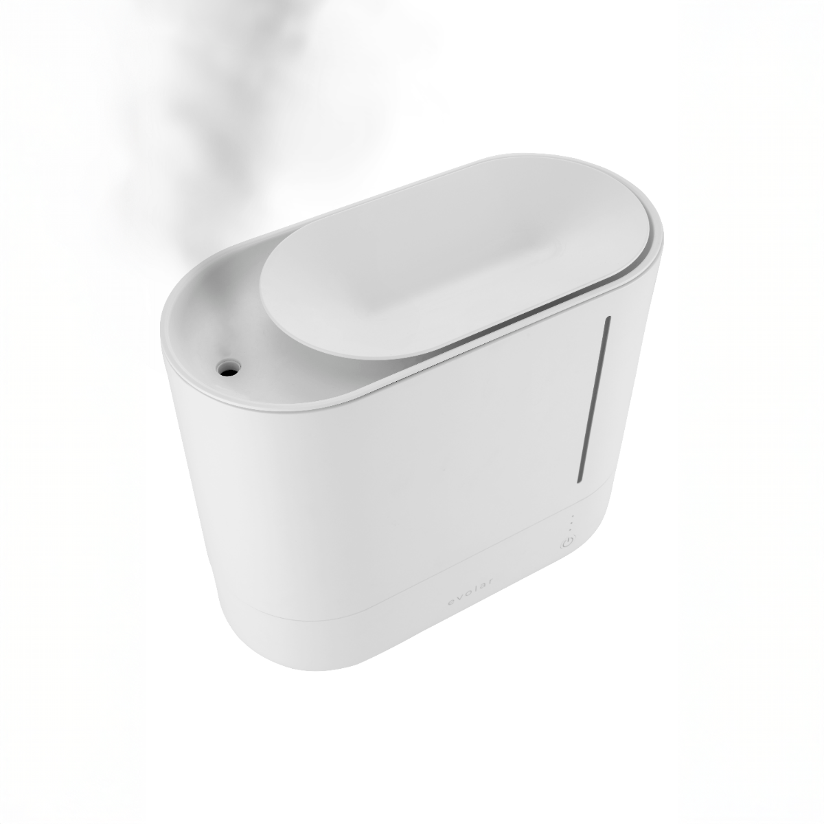 Umidificatore bianco con vapore, parte superiore aperta.