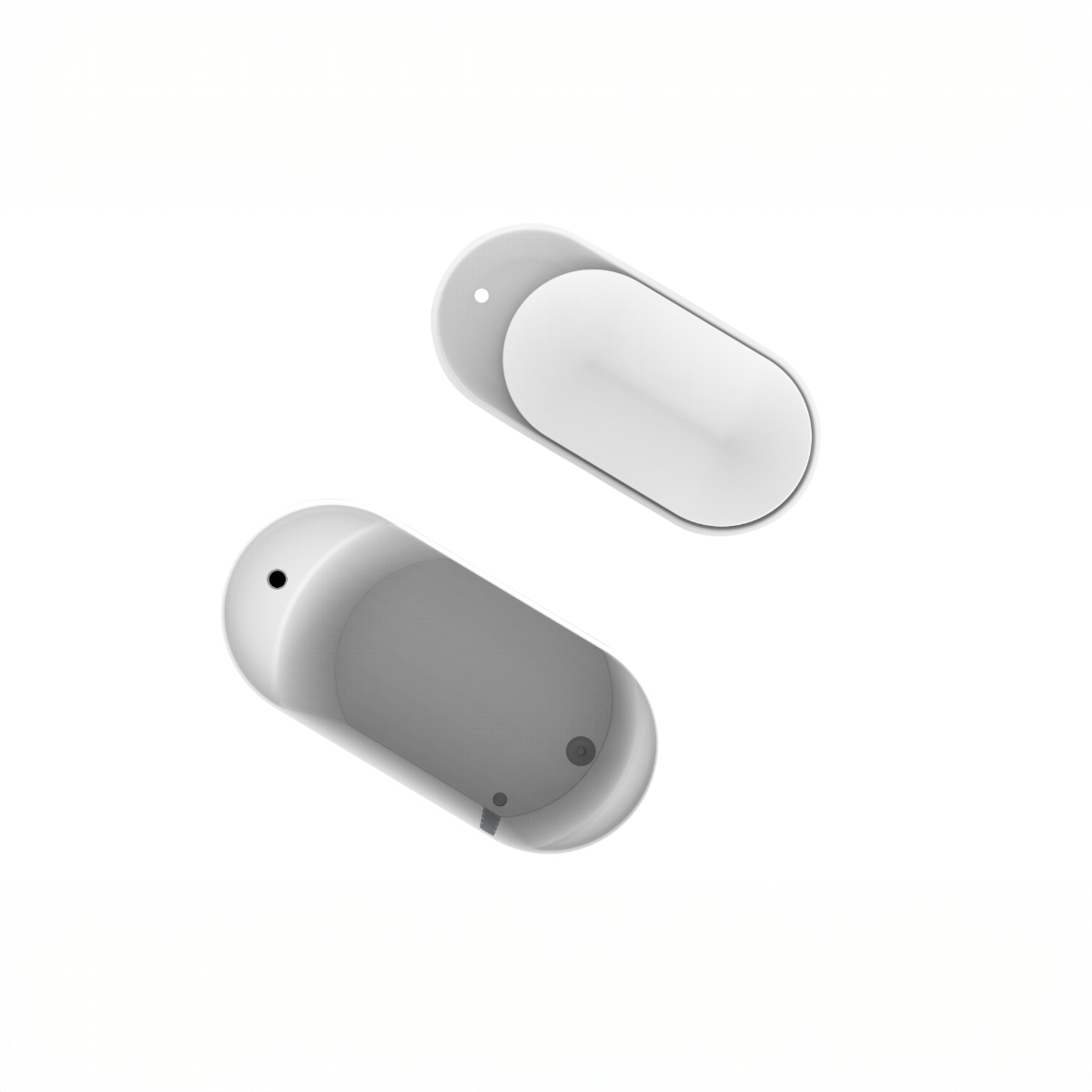 Due auricolari bianchi su sfondo bianco. Quello in alto ha il coperchio aperto.