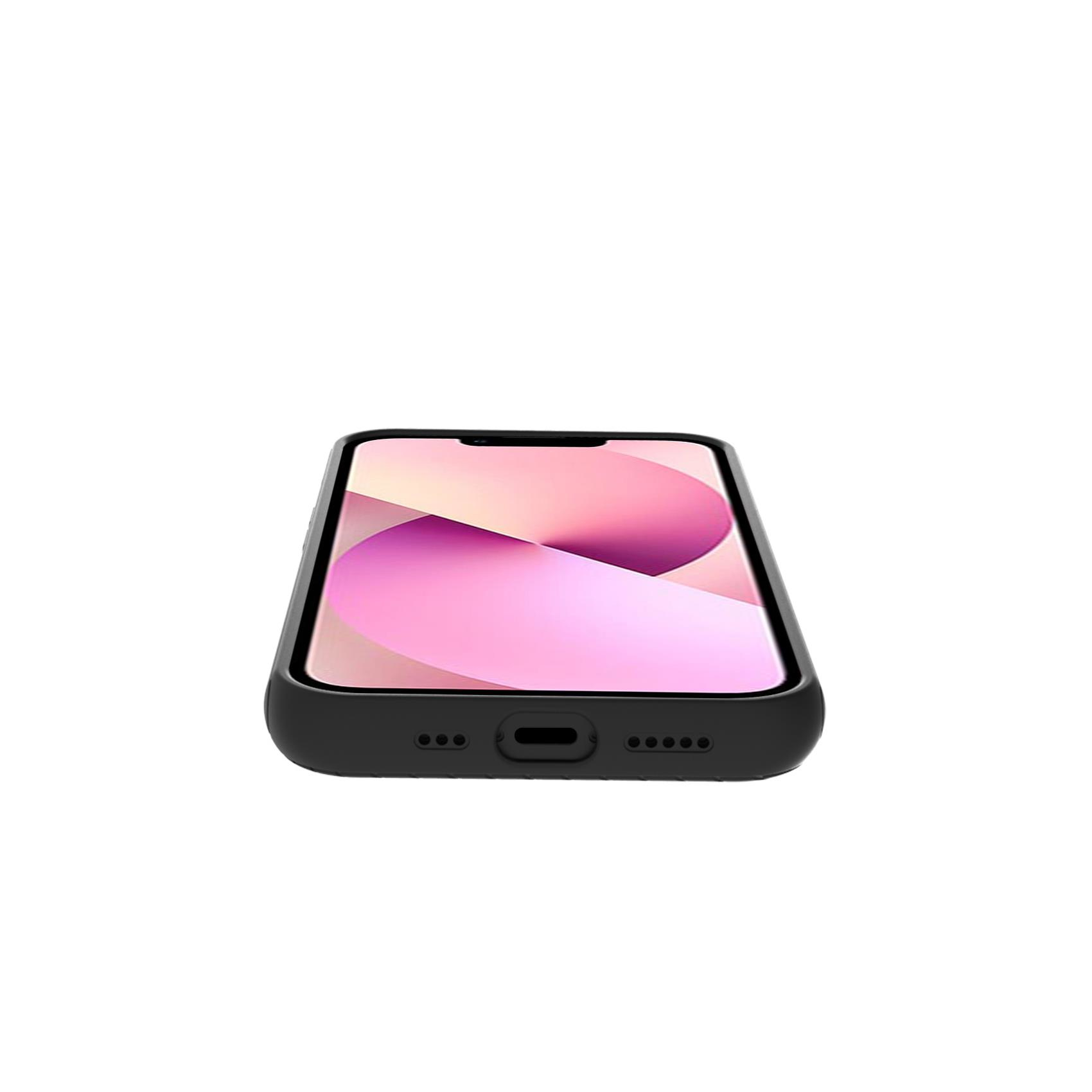Uno smartphone nero con protezione schermo. Il telefono è angolato, mostrando lo schermo e un display rosa.