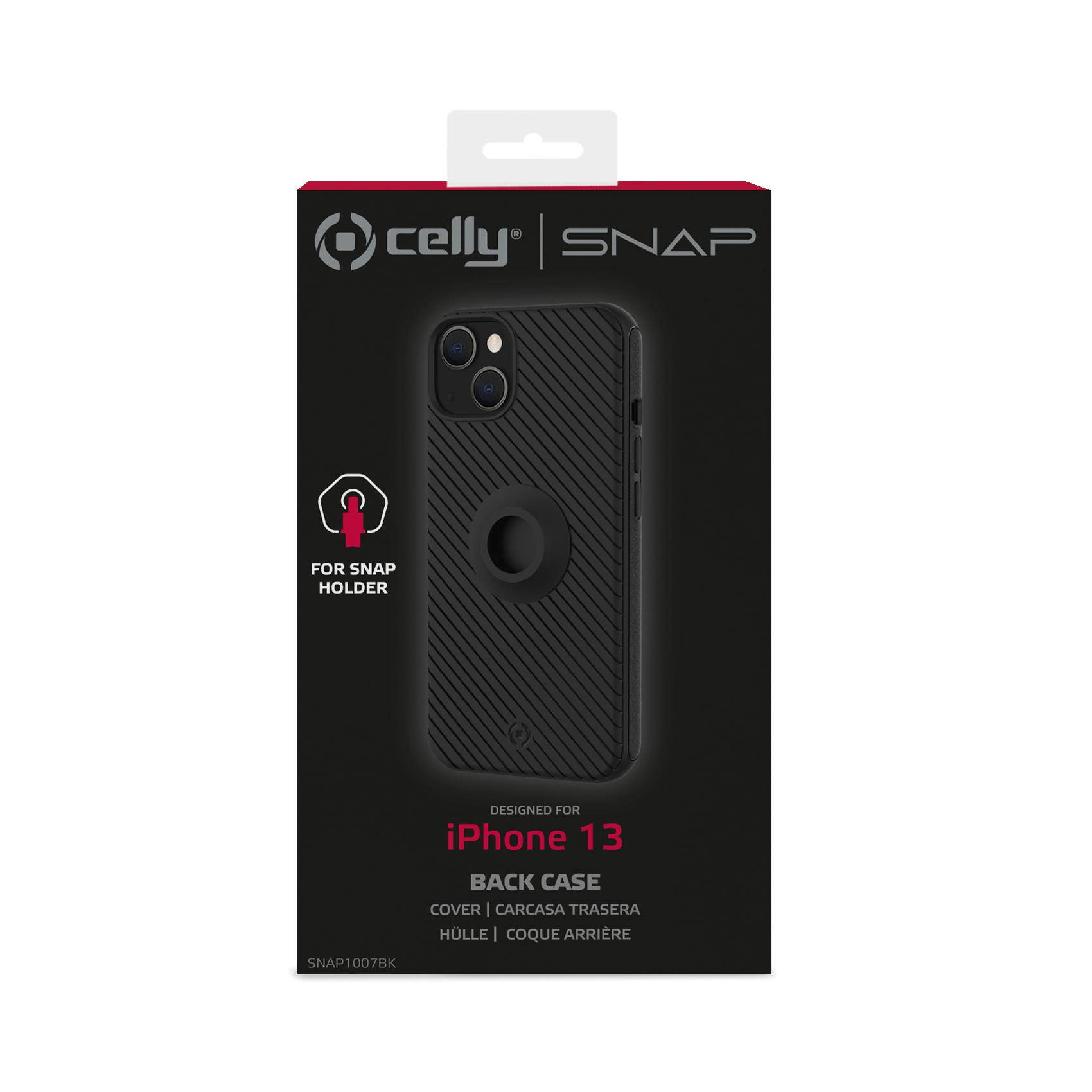 Custodia posteriore nera per iPhone 13 in una scatola. La custodia ha un design a coste.