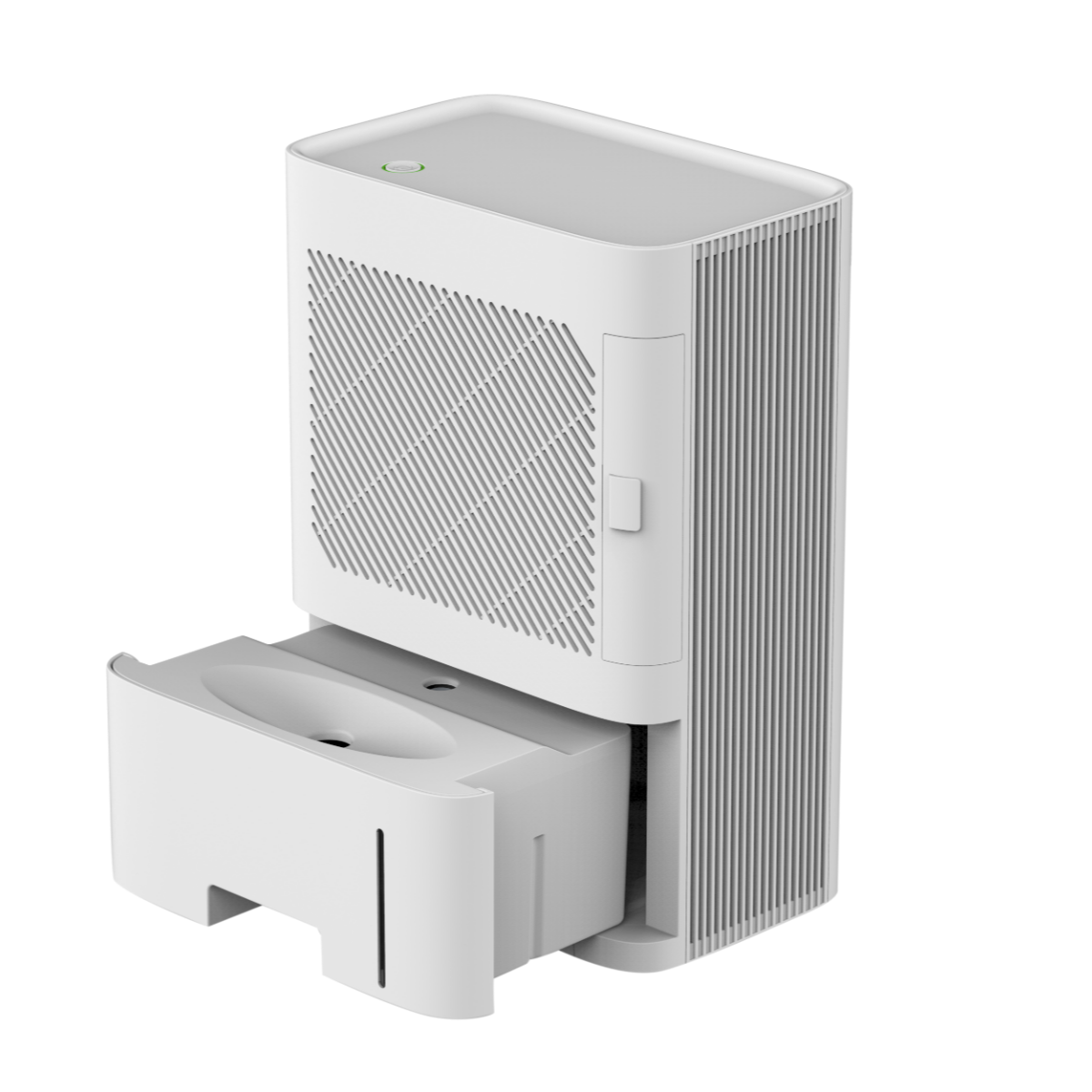 White and gray air purifier with a pull-out water tank. It is on a white surface.