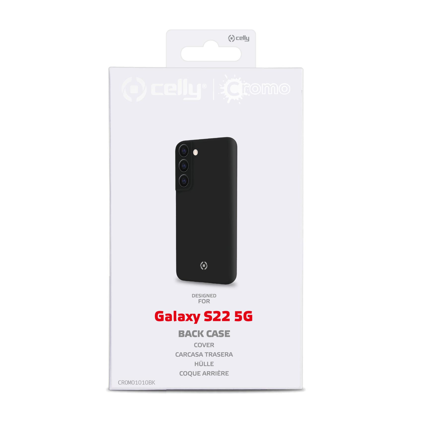 Una custodia per telefono nera in una scatola bianca, etichettata 'Galaxy S22 5G' e altre informazioni.