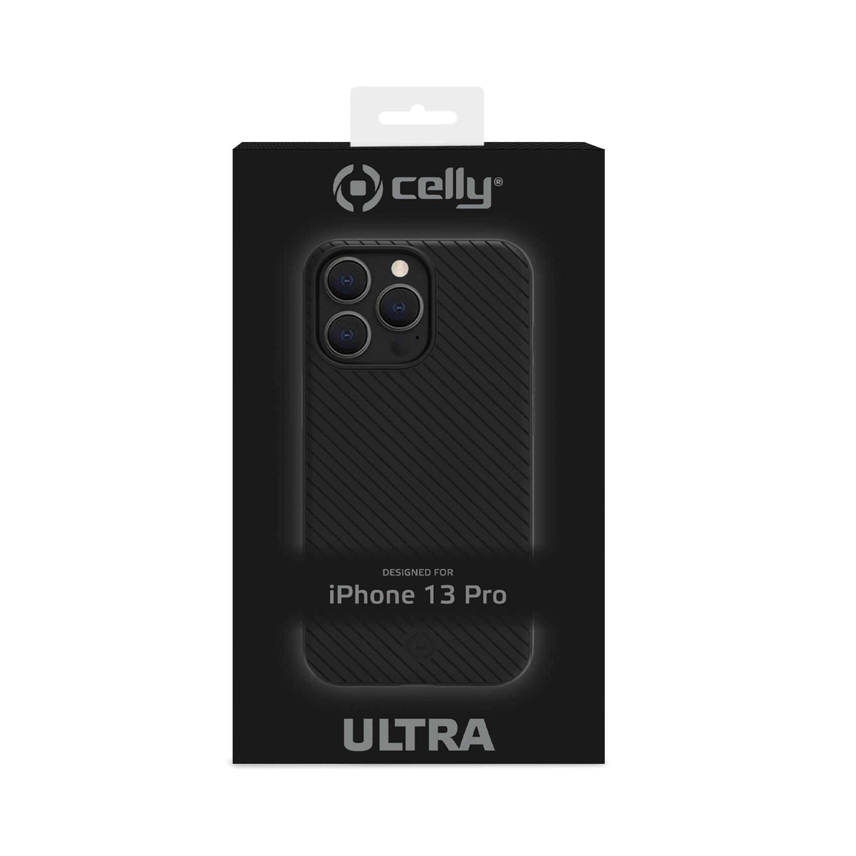 Funda negra para iPhone 13 Pro en caja. La funda tiene la parte posterior texturizada. La caja tiene el logotipo de Celly.
