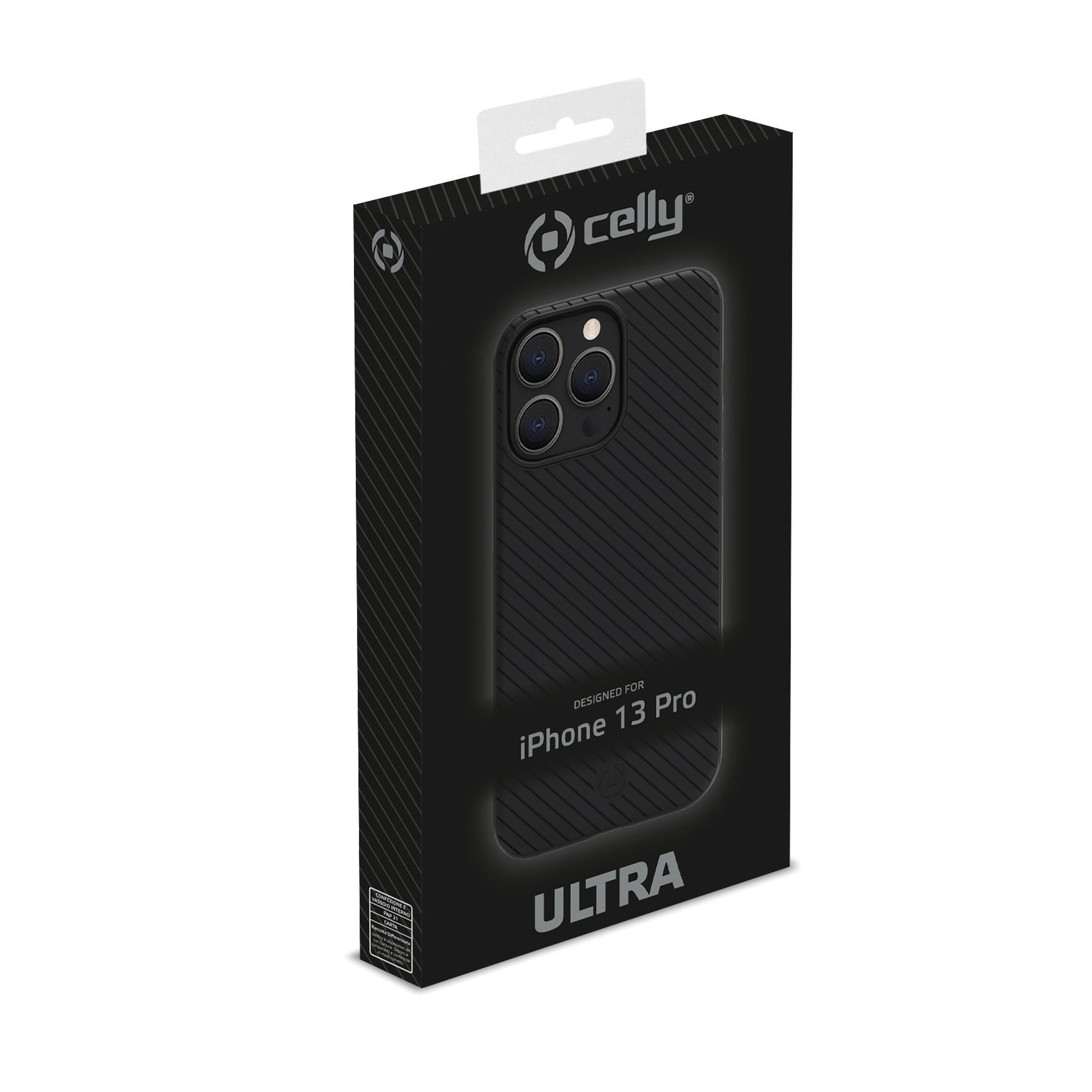 Funda para iPhone 13 Pro en caja negra. La funda es negra con superficie texturizada y un logotipo.