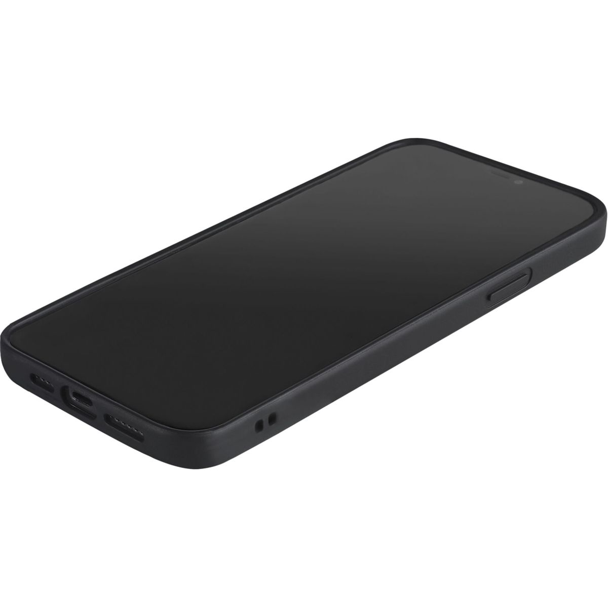 Smartphone nero in custodia nera, schermo spento, mostra una superficie scura. Il telefono è angolato.