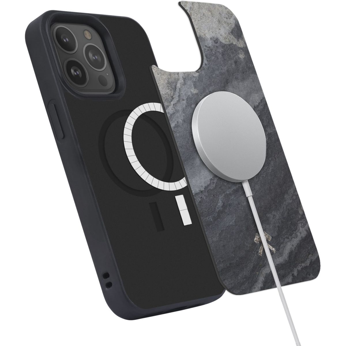 Custodia per telefono nera con retro in texture di pietra grigia e un cerchio bianco e un telefono con schermo. Un caricatore bianco è visibile.