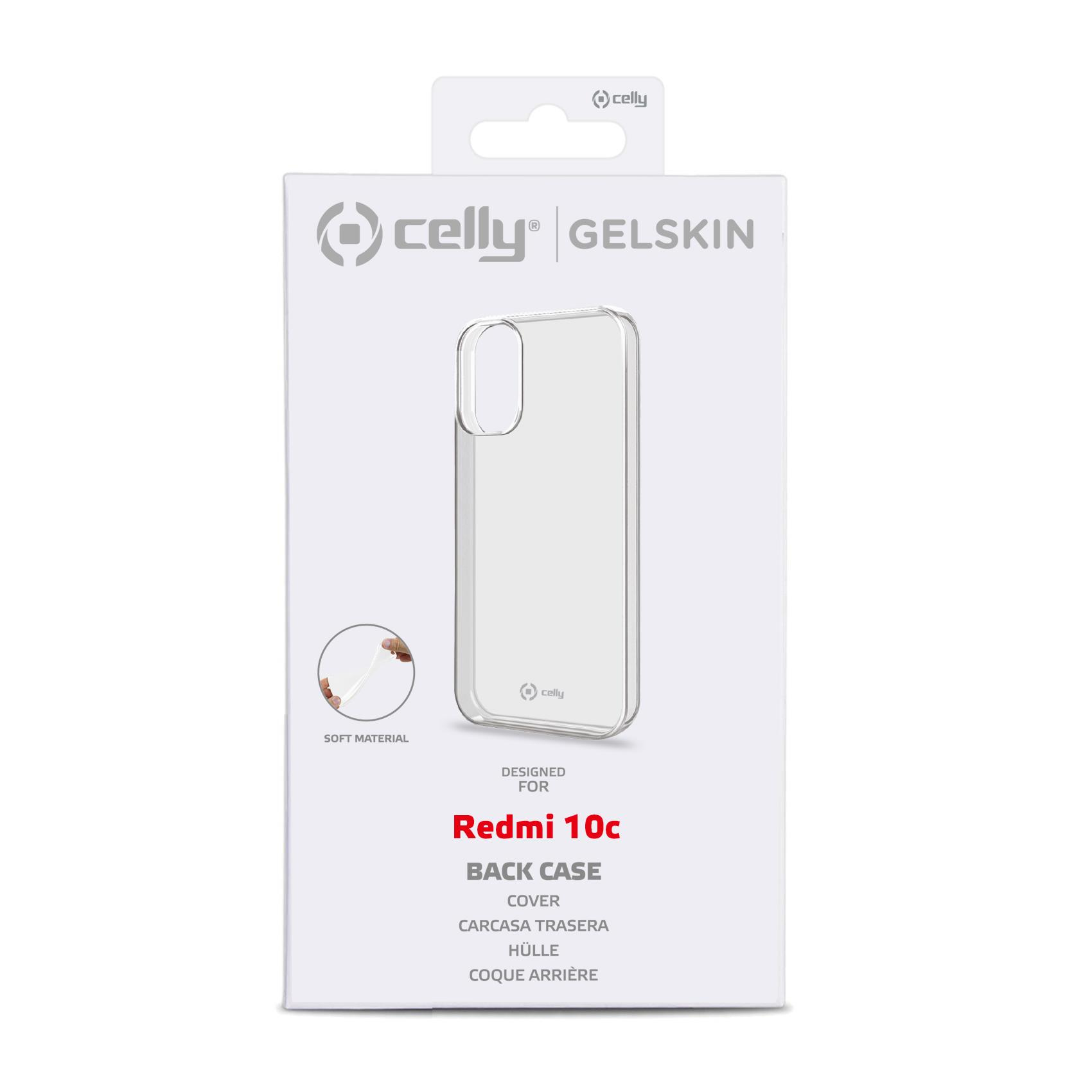 Custodia trasparente per telefono Redmi 10c su sfondo bianco. La custodia è nella sua confezione.