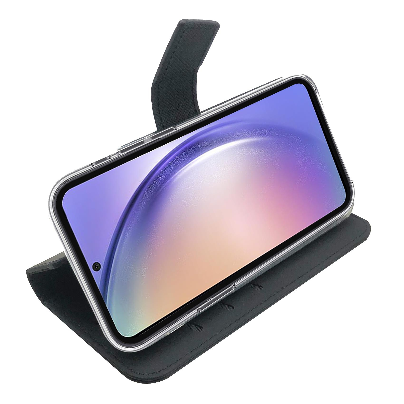 Smartphone in una custodia a libro nera. Lo schermo mostra una grafica colorata, aperta, su sfondo bianco.