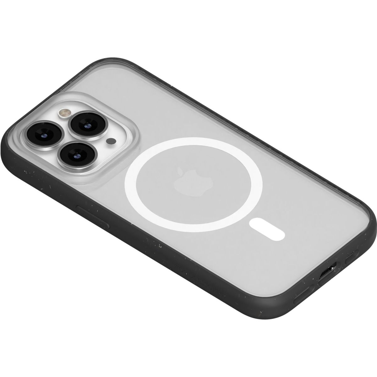 Una custodia trasparente per telefono mostra il retro di un telefono con tre fotocamere e un cerchio bianco.