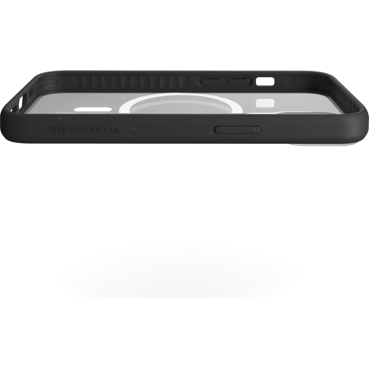 Custodia per telefono nera con cornice nera. C'è un cerchio bianco sul retro.