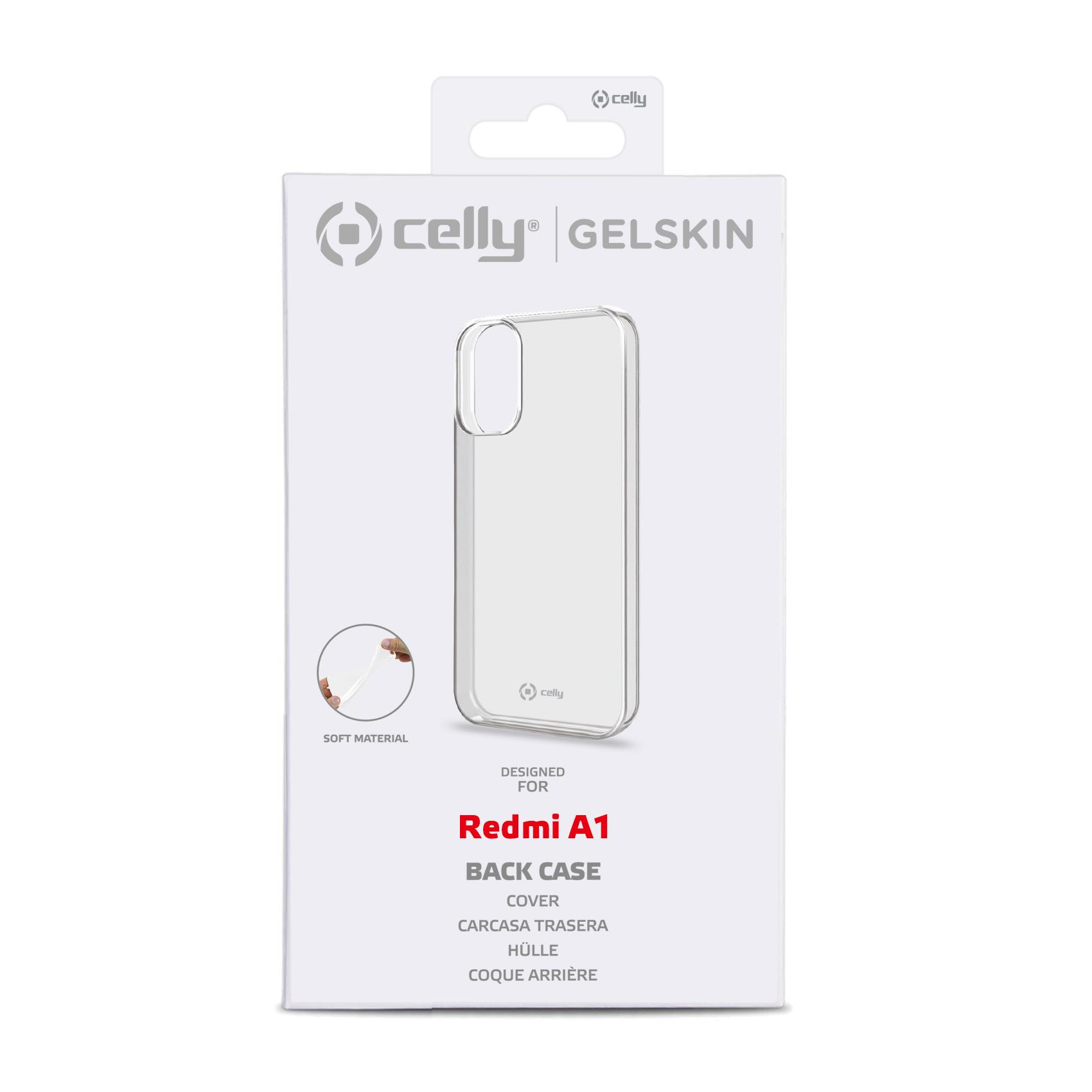 Custodia posteriore trasparente Redmi A1 in una scatola bianca. La custodia è trasparente.