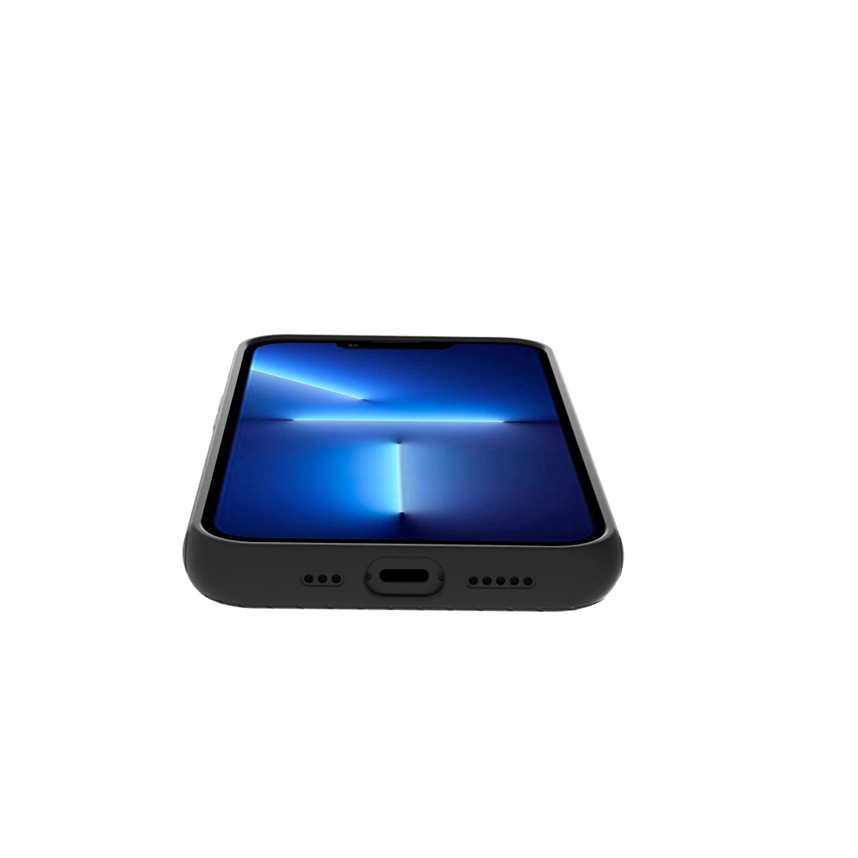 Un telefono nero appoggiato piatto, che mostra il bordo inferiore con porta USB-C e altoparlanti.