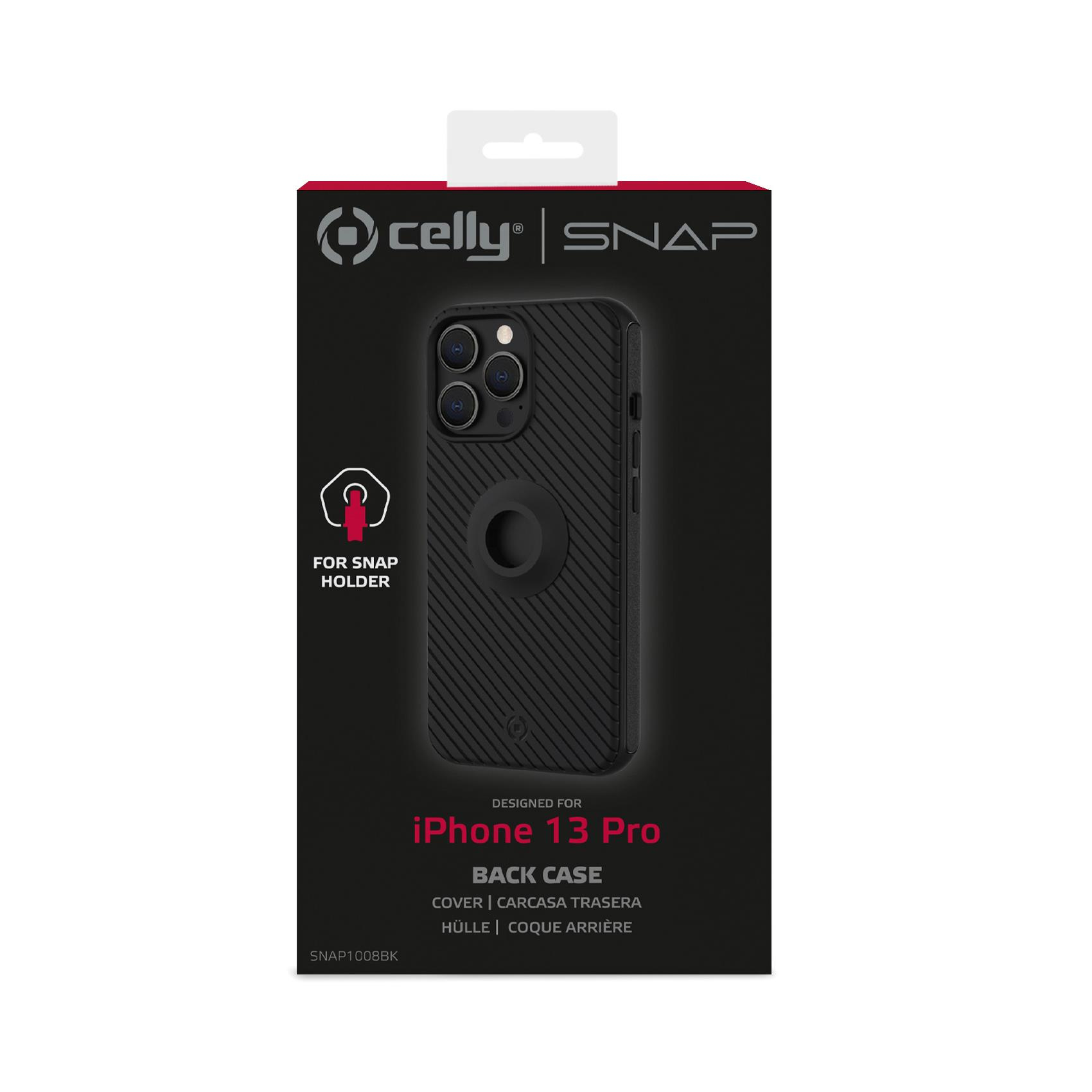 Una cover posteriore nera per iPhone 13 Pro nella sua confezione. Il testo sulla scatola specifica il modello.