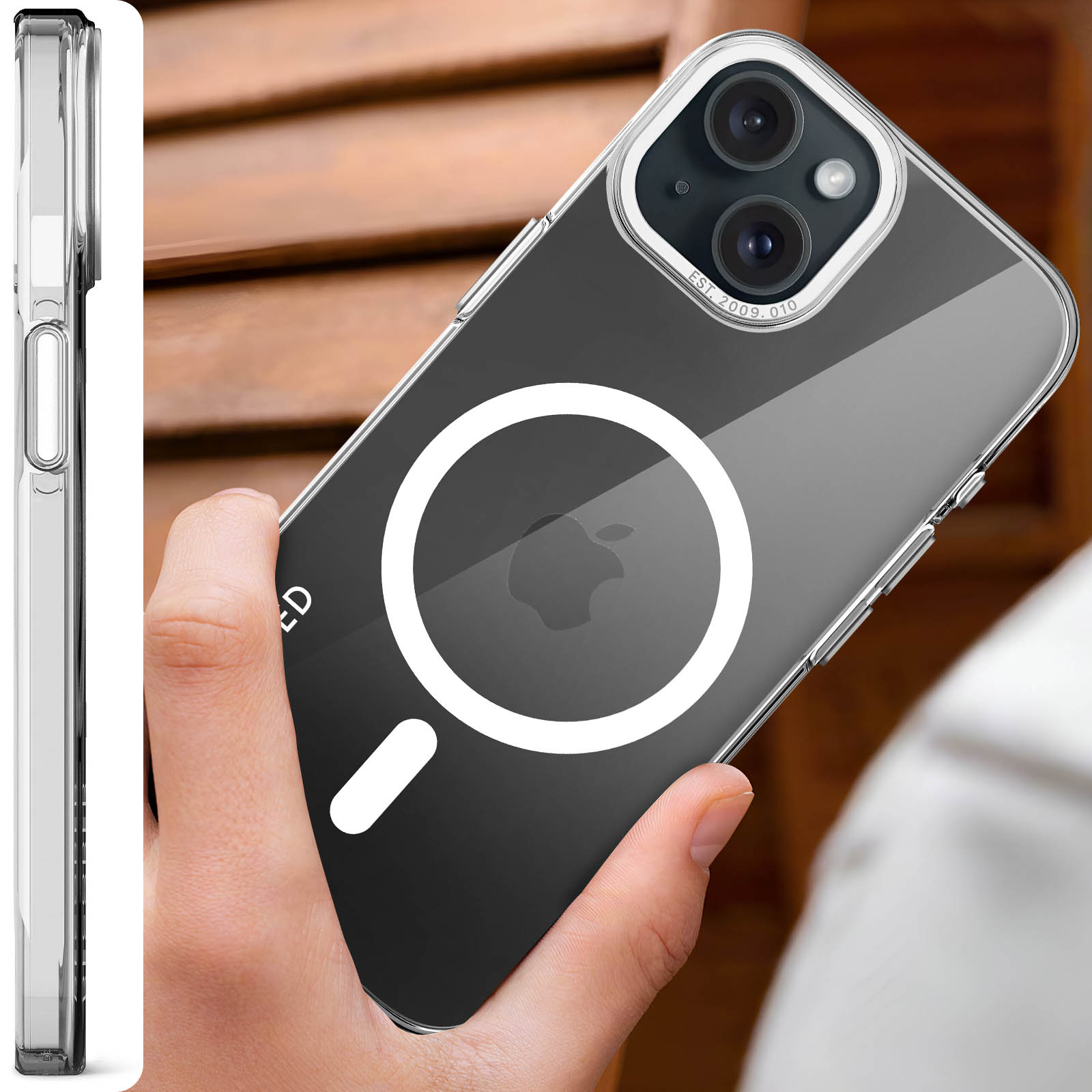 Transparente iPhone-Hülle, die von einer Hand gehalten wird. Die Hülle hat einen weißen Ring und einen Kameraausschnitt.