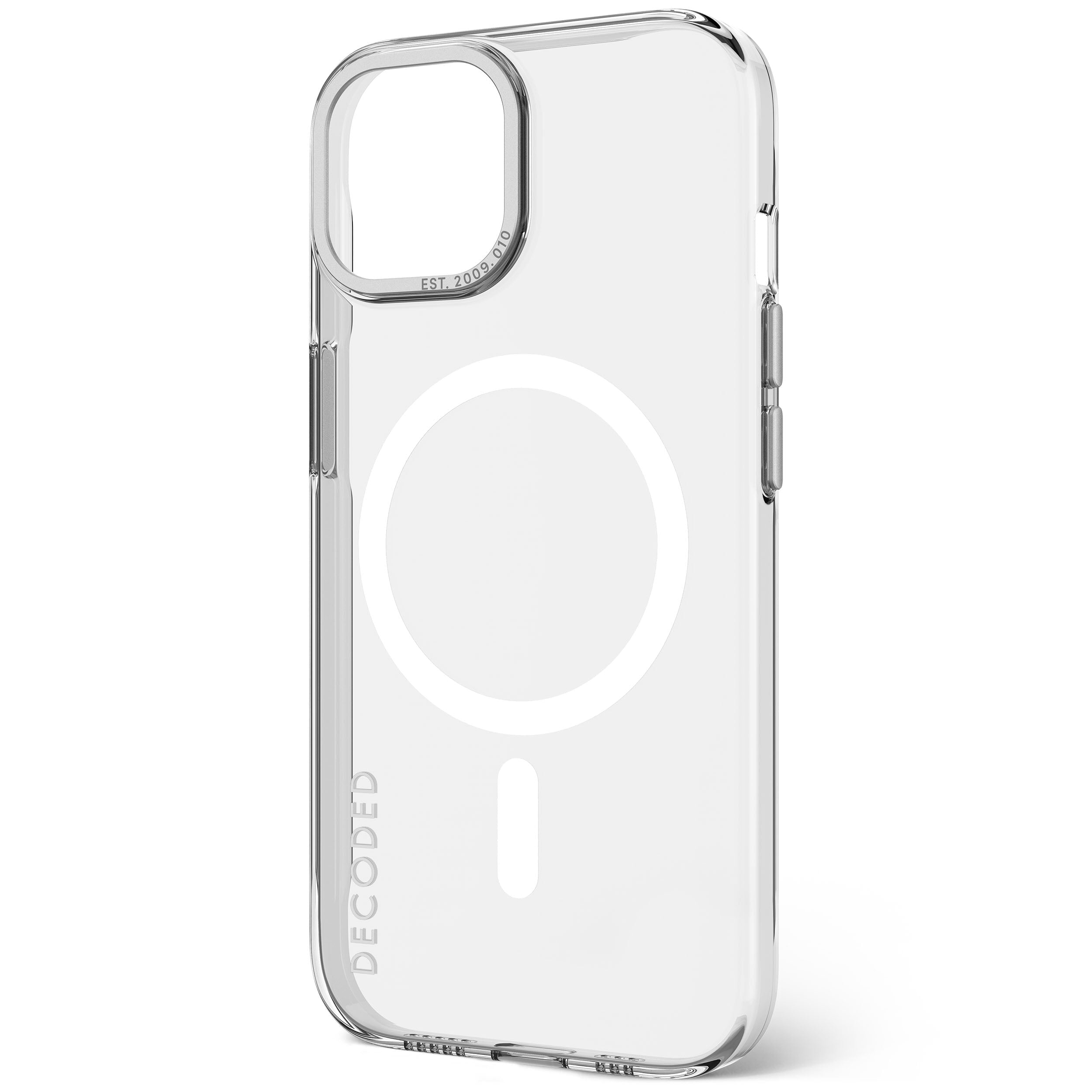 Eine transparente Handyhülle mit dem Wort DECODED. Sie hat einen Ring für MagSafe.