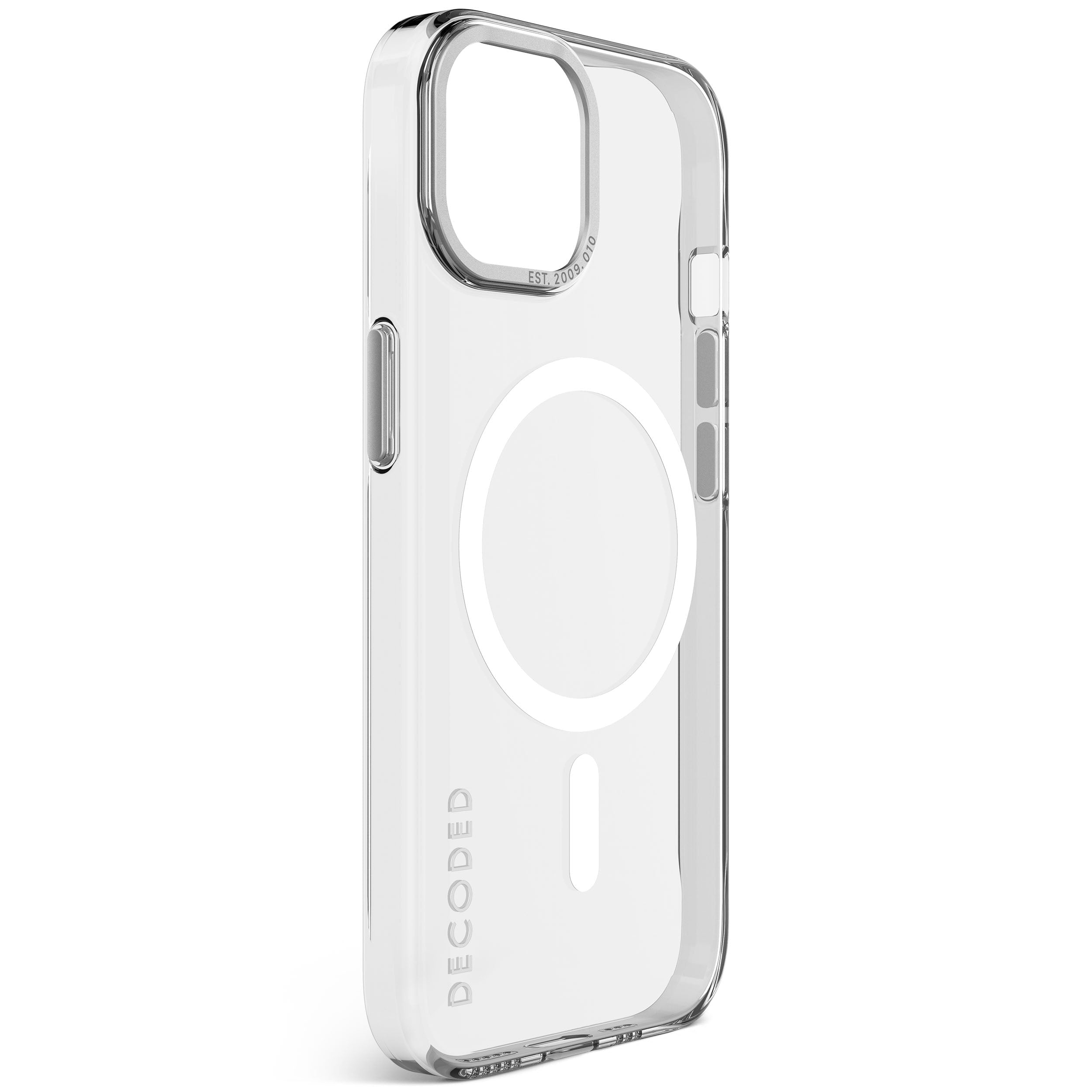 Eine transparente iPhone-Hülle mit dem Wort „DECODED“ an der Seite und einem weißen Kreis.