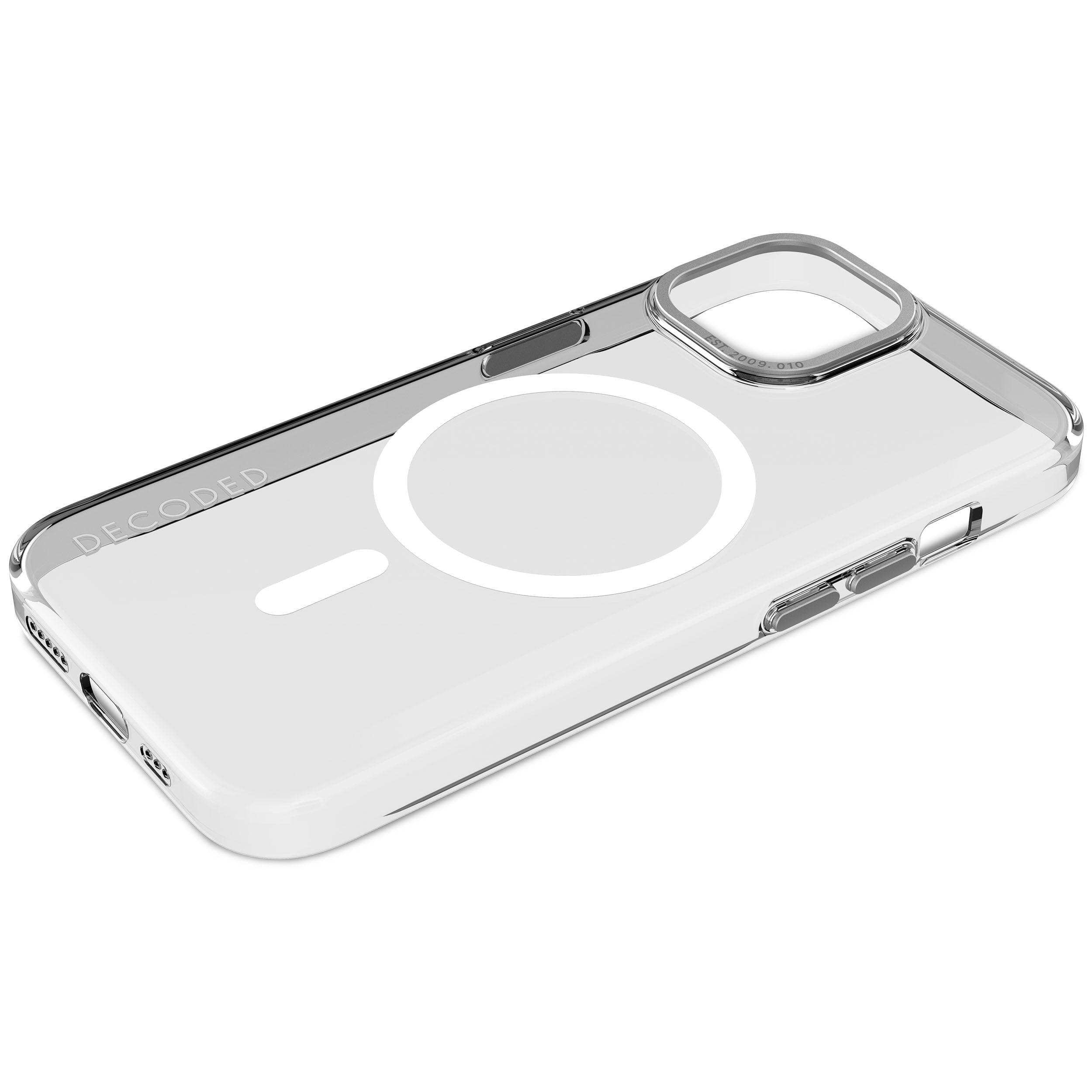 Transparente Handyhülle mit weißem Magnetring und dem Wort DECODED.