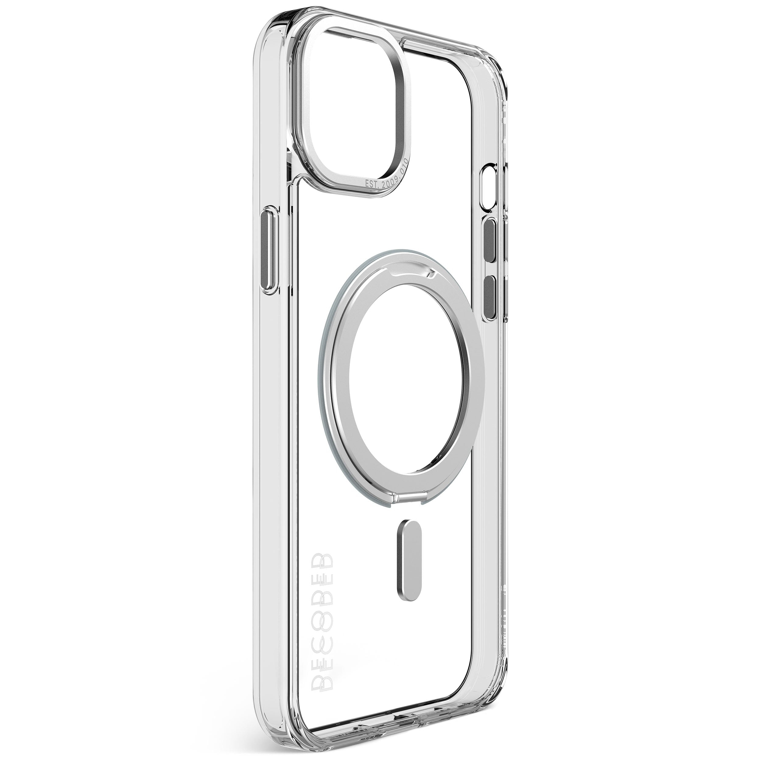 Custodia trasparente per telefono con anello argentato. Design MagSafe.