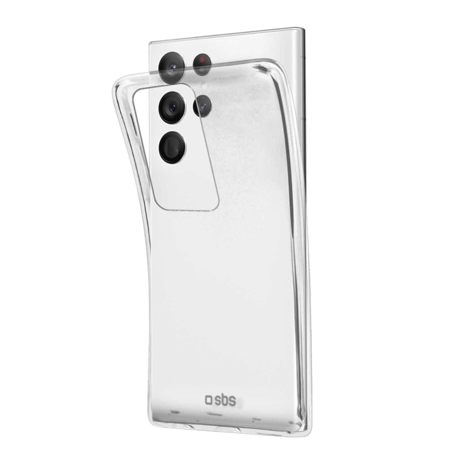 Un telefono con una custodia trasparente, telefono e custodia.