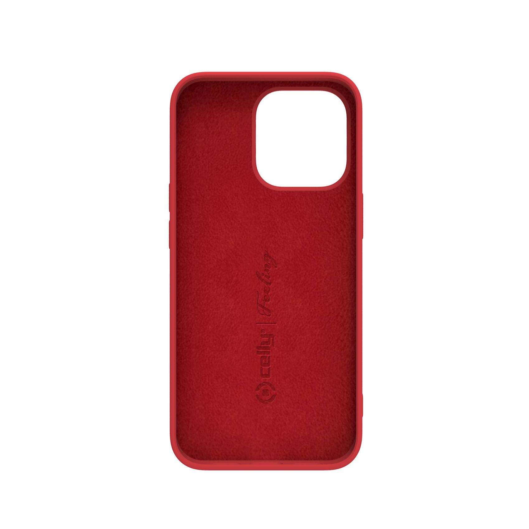 Interno di custodia per telefono rossa, con marchio Celly Feeling. Custodia rossa.