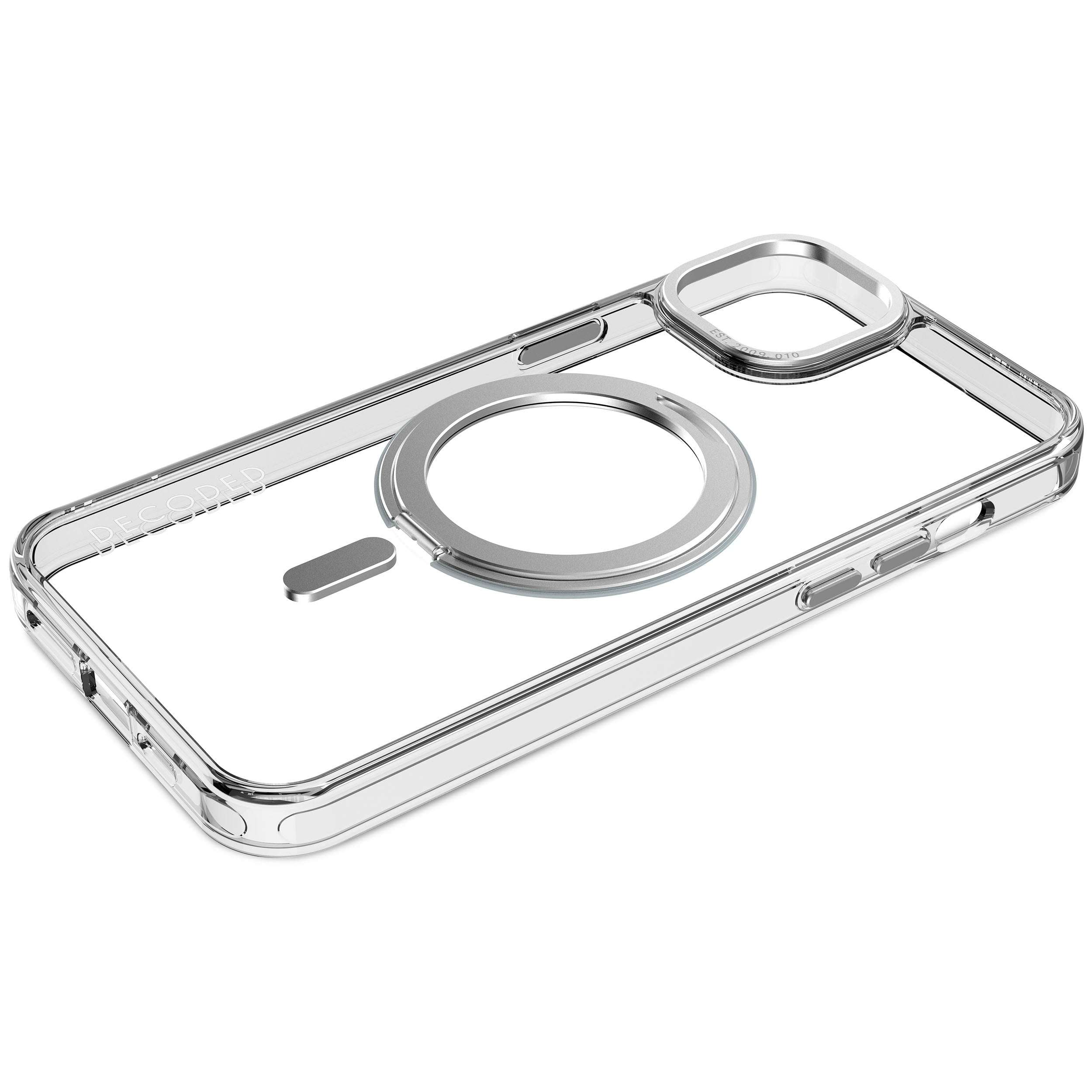 Custodia trasparente per iPhone con attacco magnetico circolare e striscia magnetica.