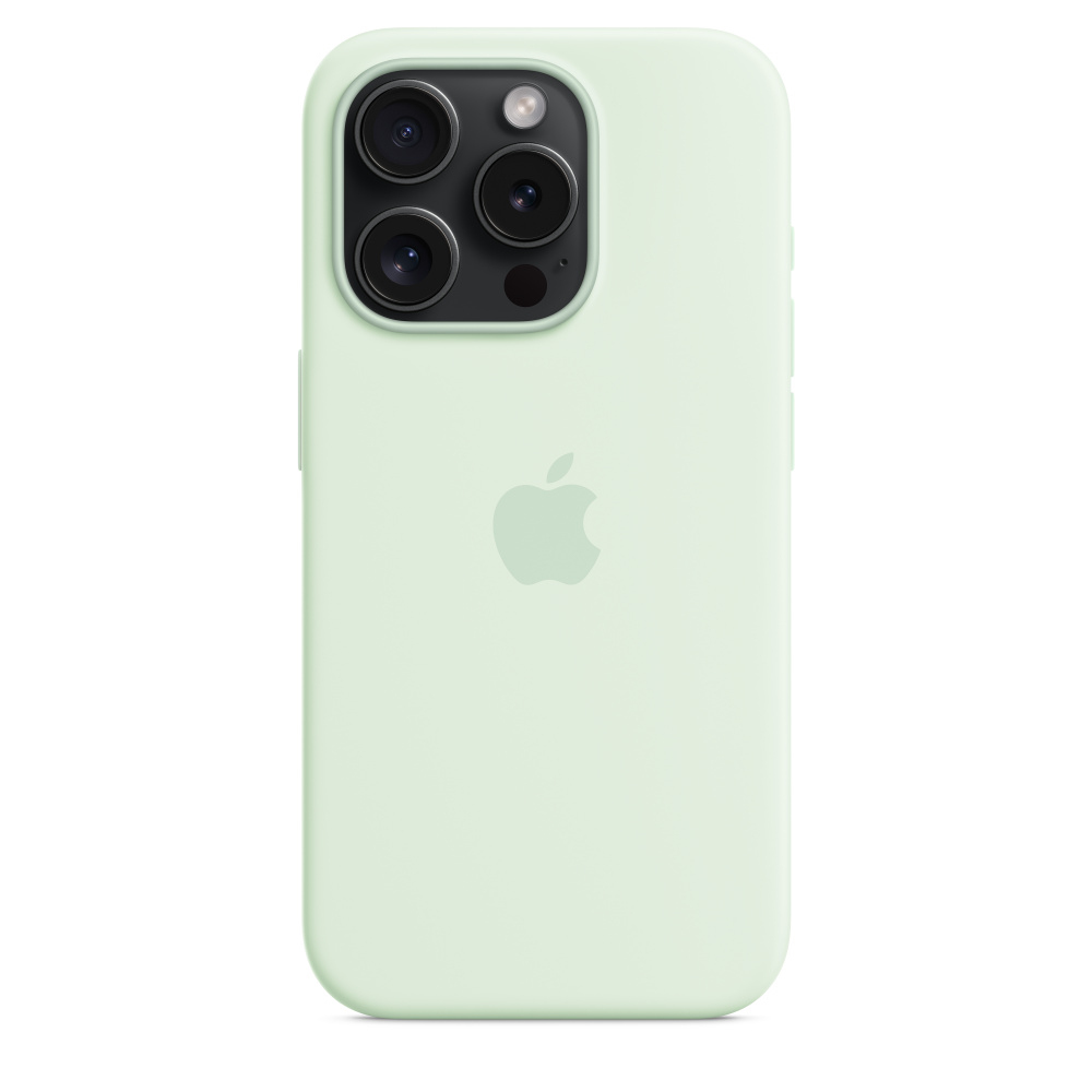 A light green iPhone case with three camera lenses and the Apple logo on the back.