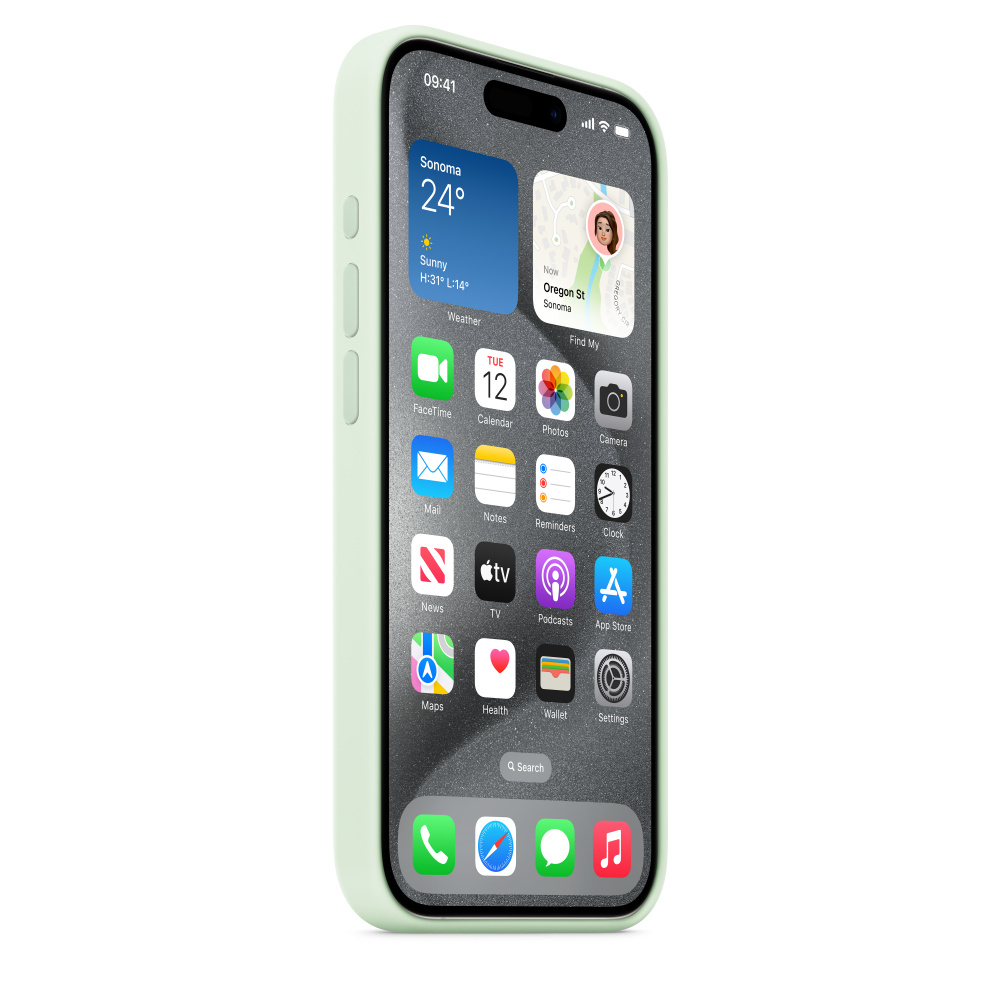 An iPhone with a light green case showing the home screen with app icons.