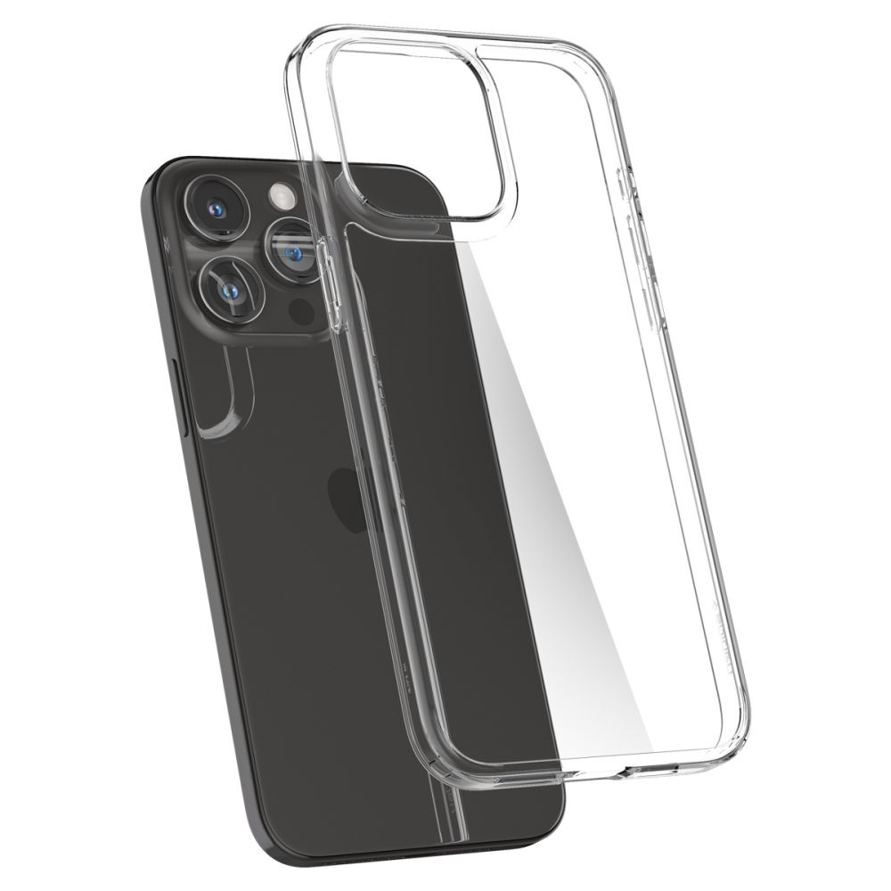 Un iPhone 14 Pro con custodia protettiva trasparente, retro nero visibile.
