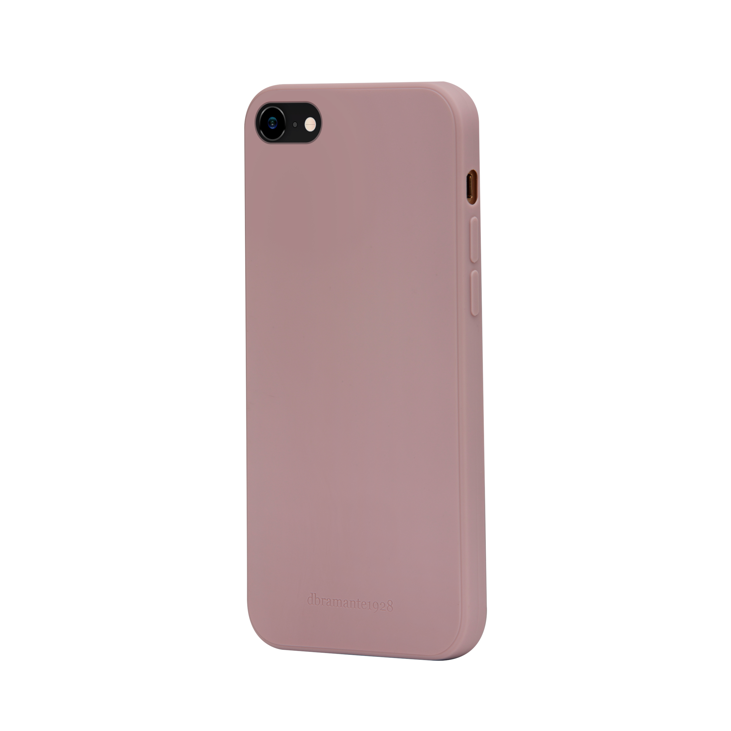 Una custodia per telefono rosa polveroso, vista posteriore. È visibile un'unica lente della fotocamera.