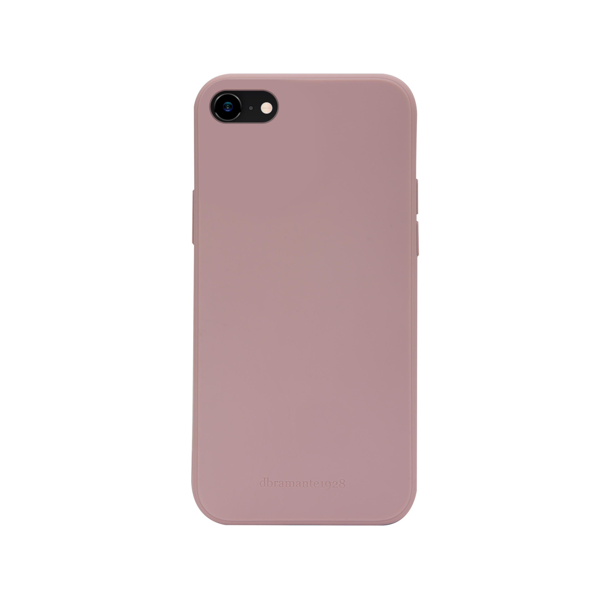 Custodia per telefono rosa polveroso, vista posteriore. L'obiettivo della fotocamera è visibile.