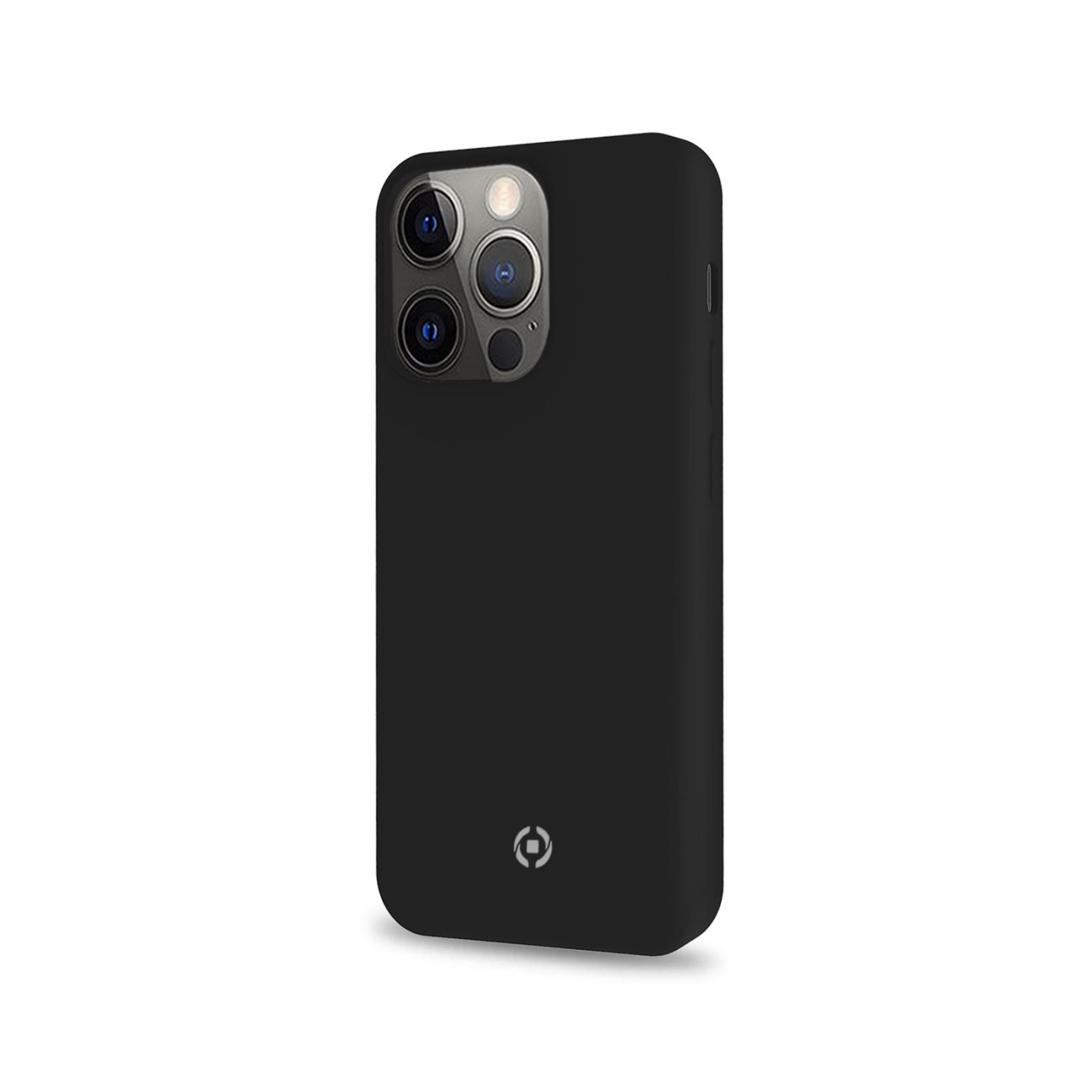 Custodia nera per telefono con logo, che mostra la fotocamera, sfondo bianco.