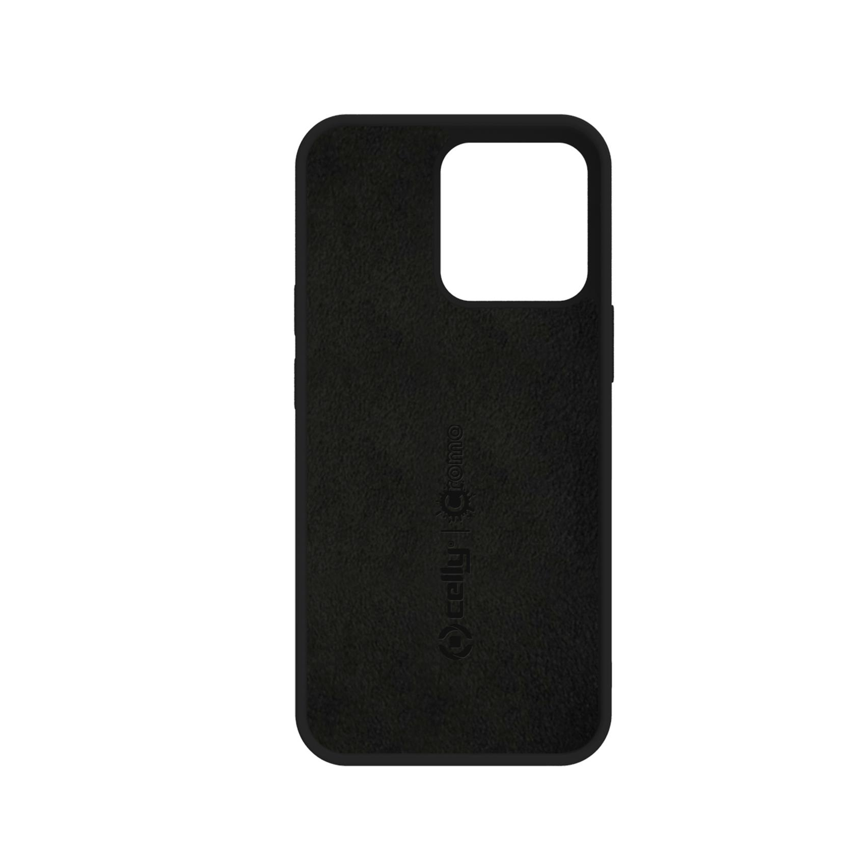 Custodia per iPhone nera con ritaglio per fotocamera e nome del marchio. Finitura opaca strutturata.