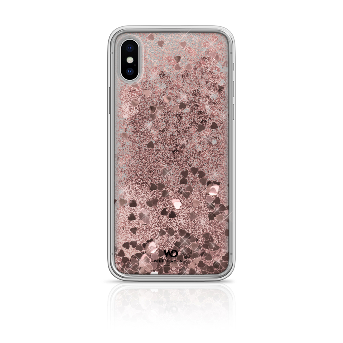Transparente Handyhülle mit rosa Glitzer und Herzen. Über weißer Oberfläche. Die Kamera des Telefons ist sichtbar.