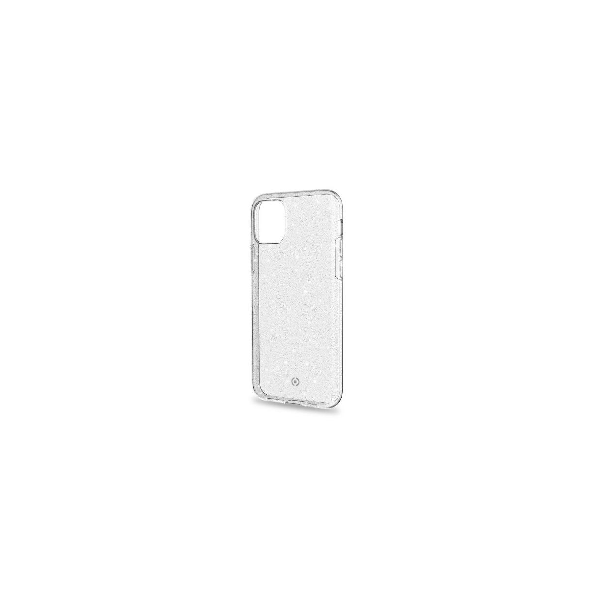 Custodia trasparente per telefono con brillantini. Isolato su sfondo bianco.