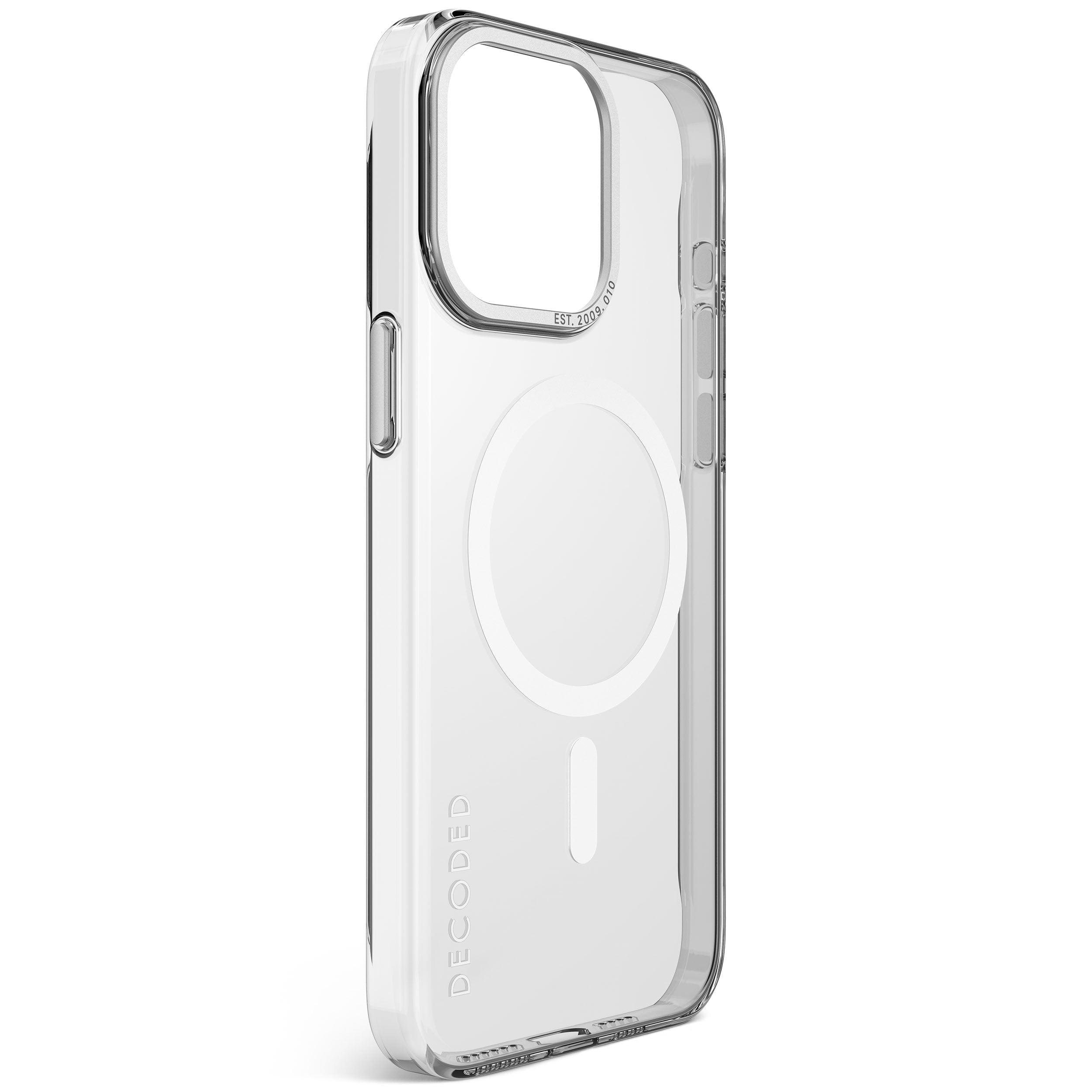 Przezroczyste etui na telefon z okrągłym magnesem i czarną linią pionową.
