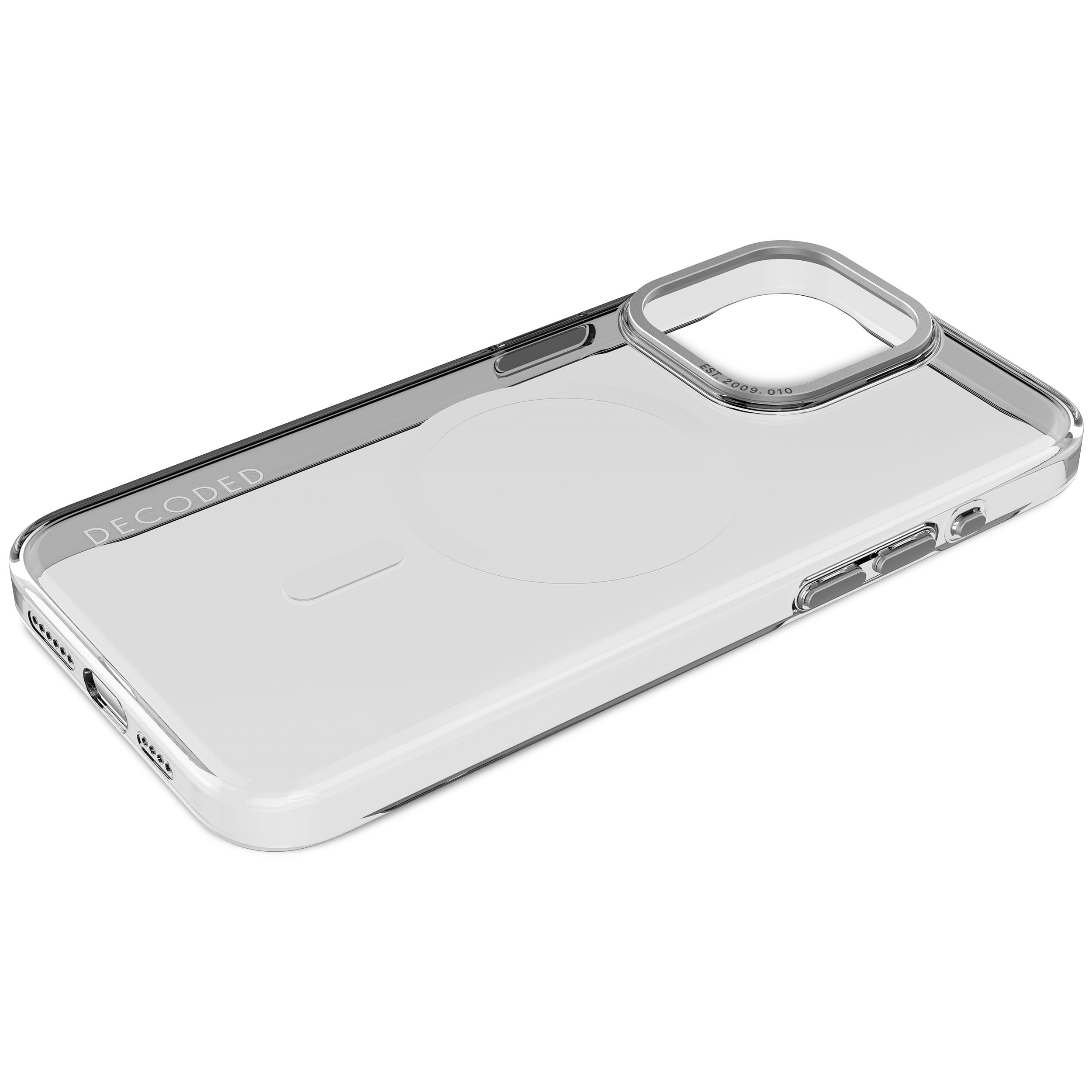 Przezroczyste etui na telefon z szarą obwódką. Etui ma przezroczysty tył i podniesiony pierścień kamery. Białe tło.