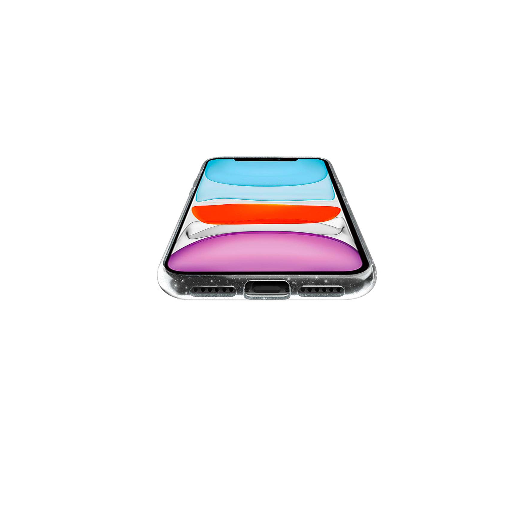 Una custodia trasparente per telefono con un telefono all'interno. Il telefono mostra uno schermo colorato.