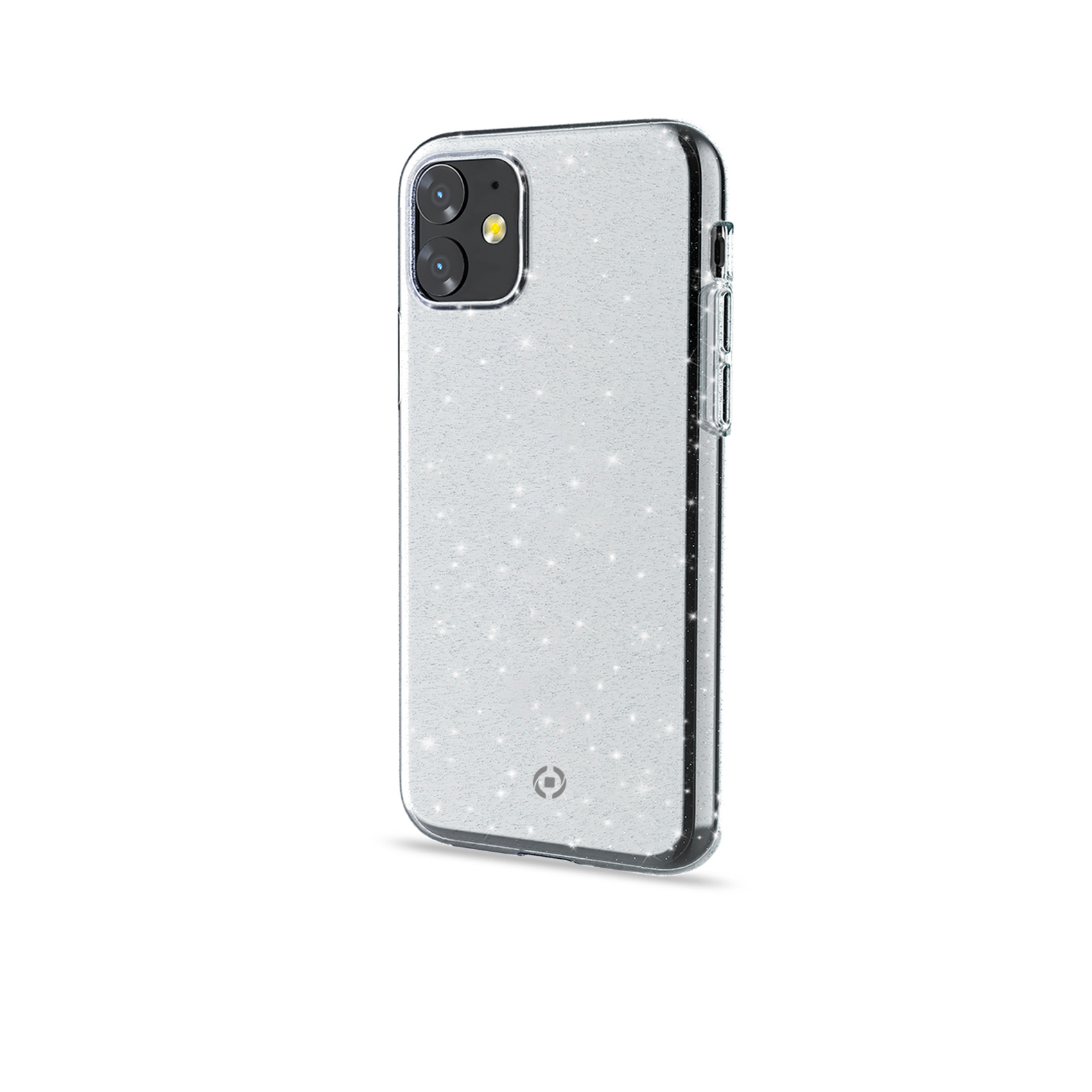 Una custodia trasparente per telefono con glitter. La custodia è angolata verso destra.