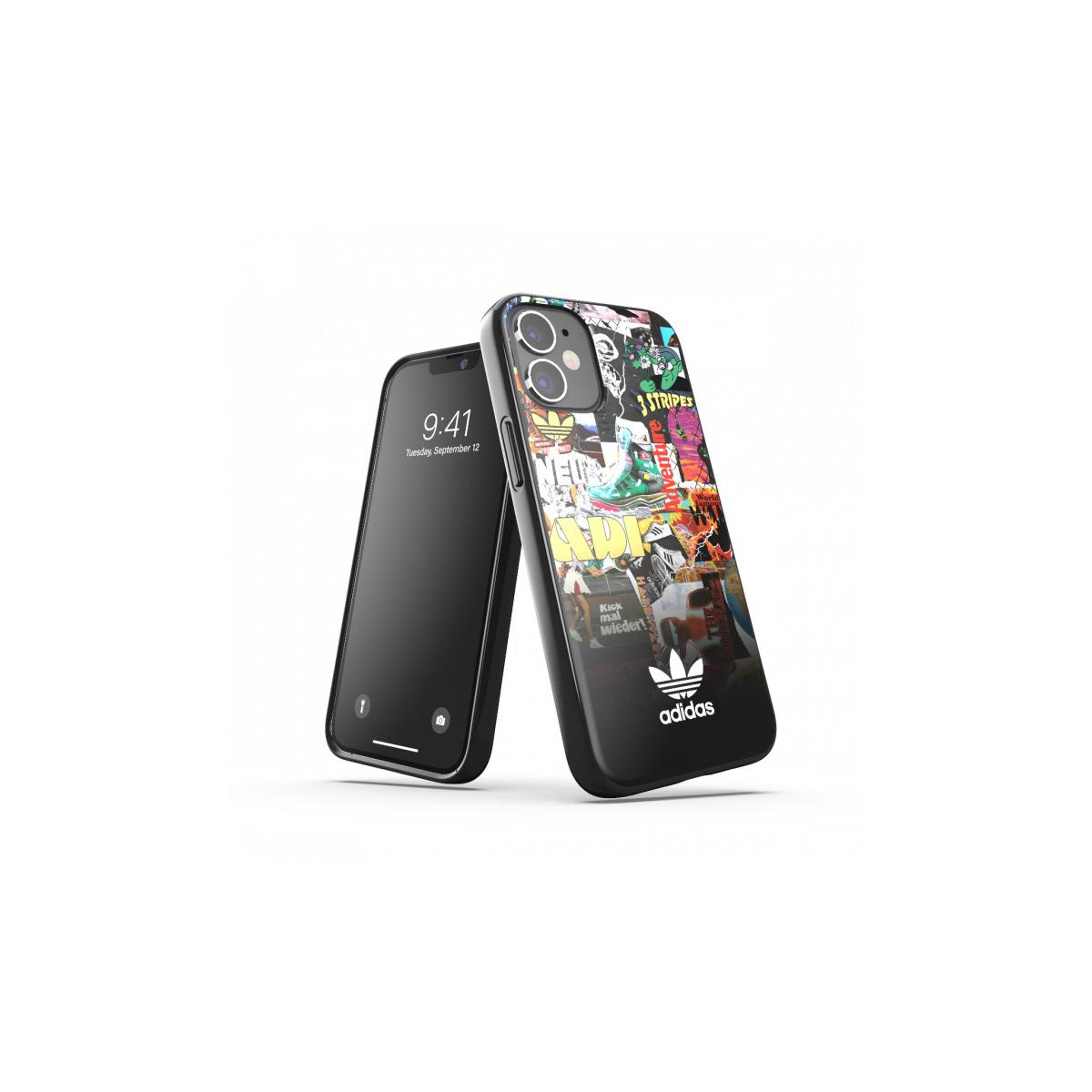 Due telefoni su una superficie bianca. Un telefono nero è in posizione verticale con una custodia colorata con logo Adidas.
