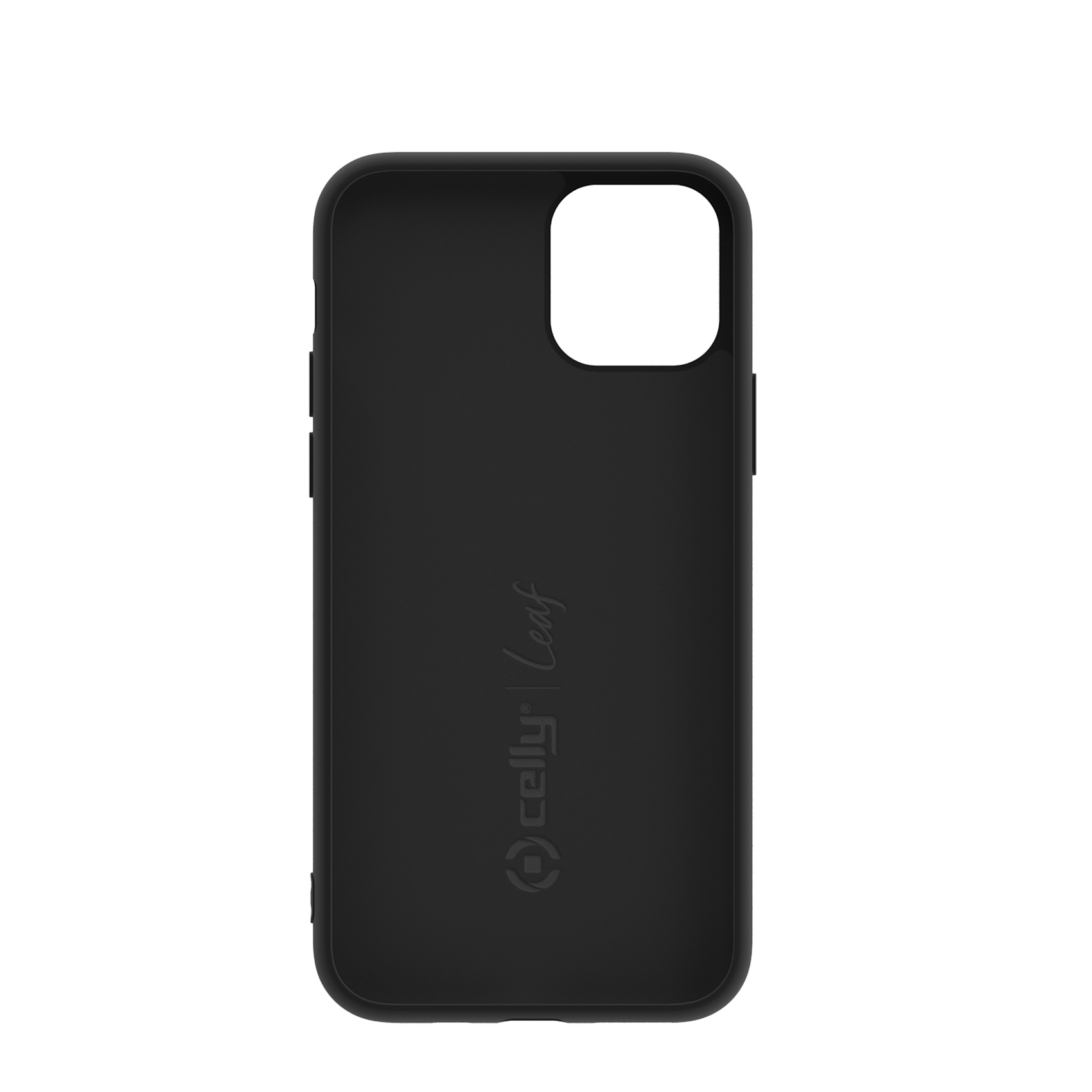 Una custodia nera per telefono con un ritaglio per la fotocamera e il logo Celly Leaf all'interno, su sfondo bianco.
