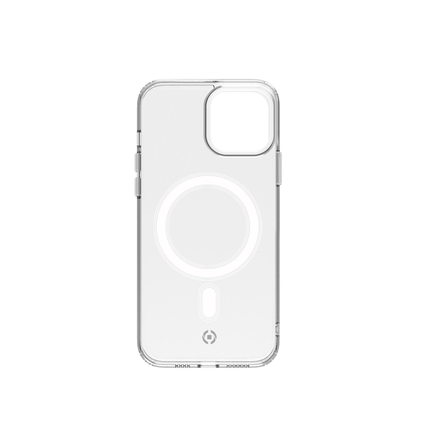 Custodia trasparente per telefono con foro per fotocamera e cerchio di ricarica.