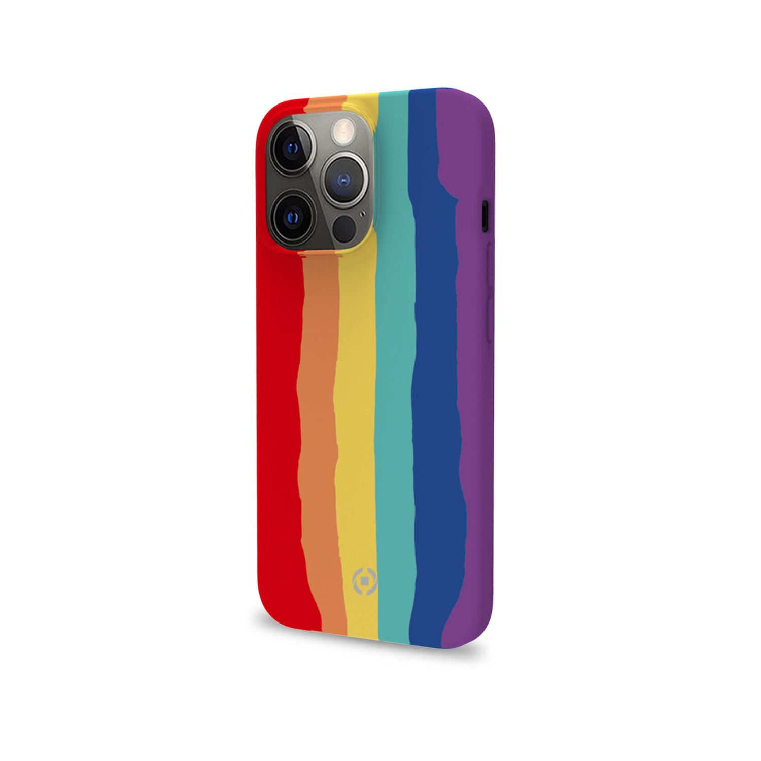 Custodia per telefono arcobaleno con tre obiettivi della fotocamera, sfondo bianco.