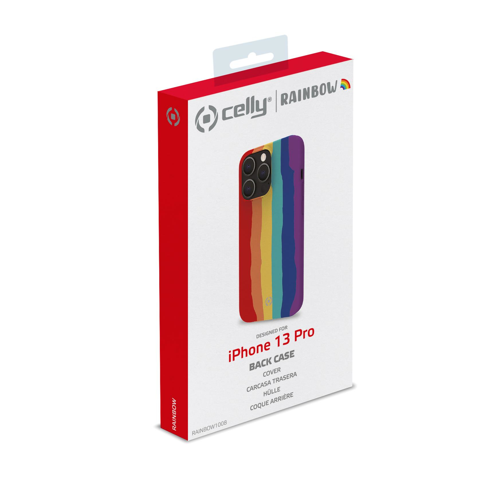 Scatola con una custodia per telefono arcobaleno. La custodia è per iPhone 13 Pro. Testo: Progettato per iPhone 13 Pro.