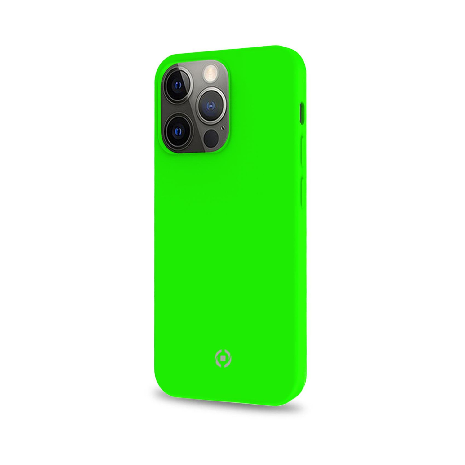 Custodia iPhone verde brillante con obiettivi della fotocamera visibili.