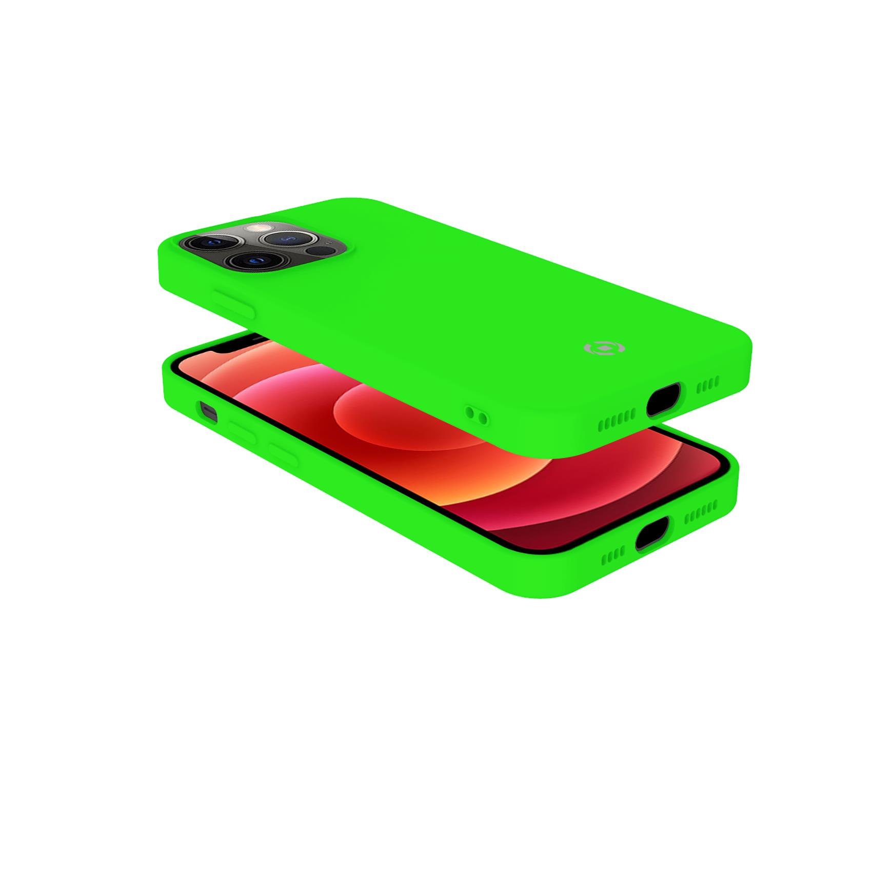 Una custodia per telefono verde lime sopra un telefono con schermo rosso.