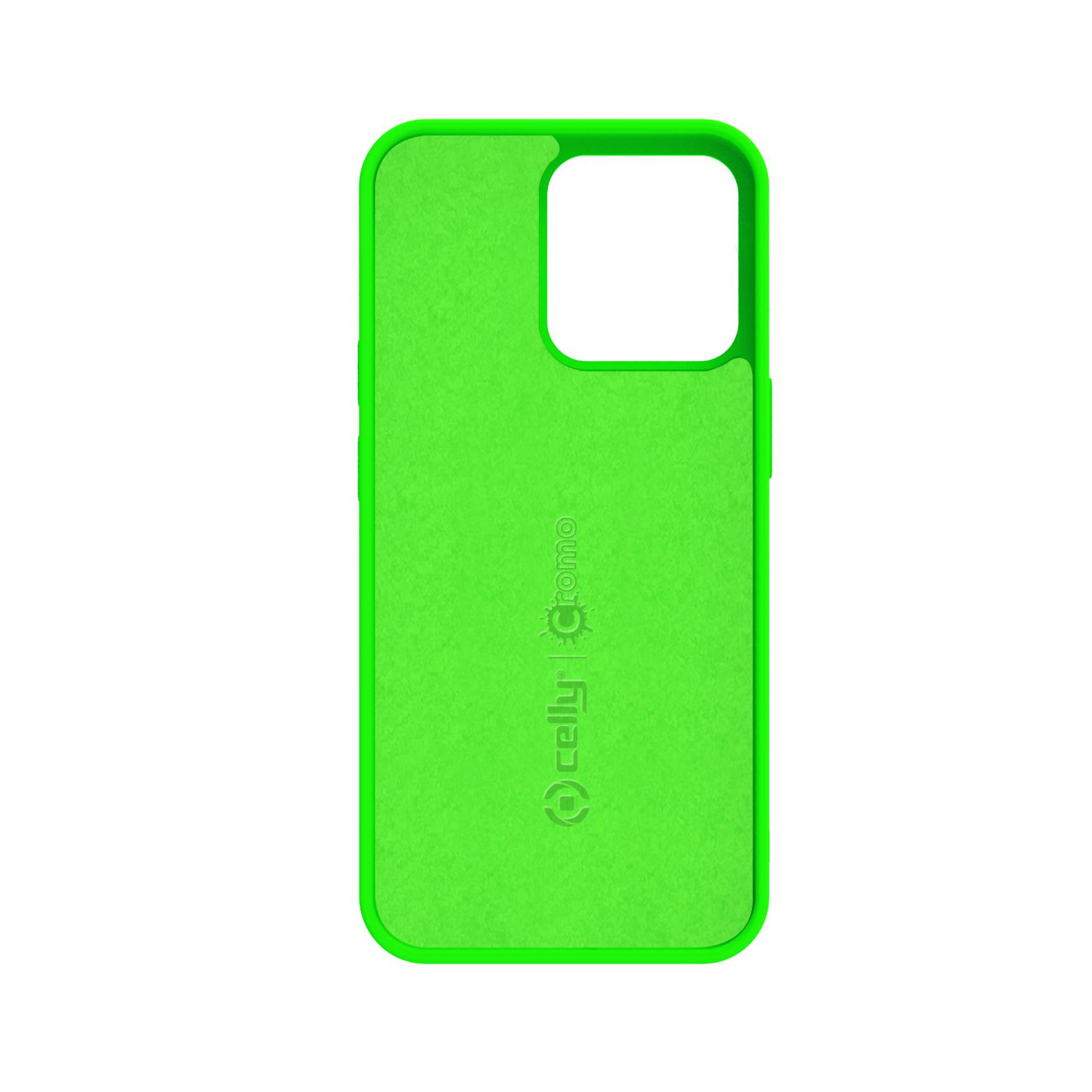 Custodia per telefono verde brillante con bordo nero. La custodia ha un logo.