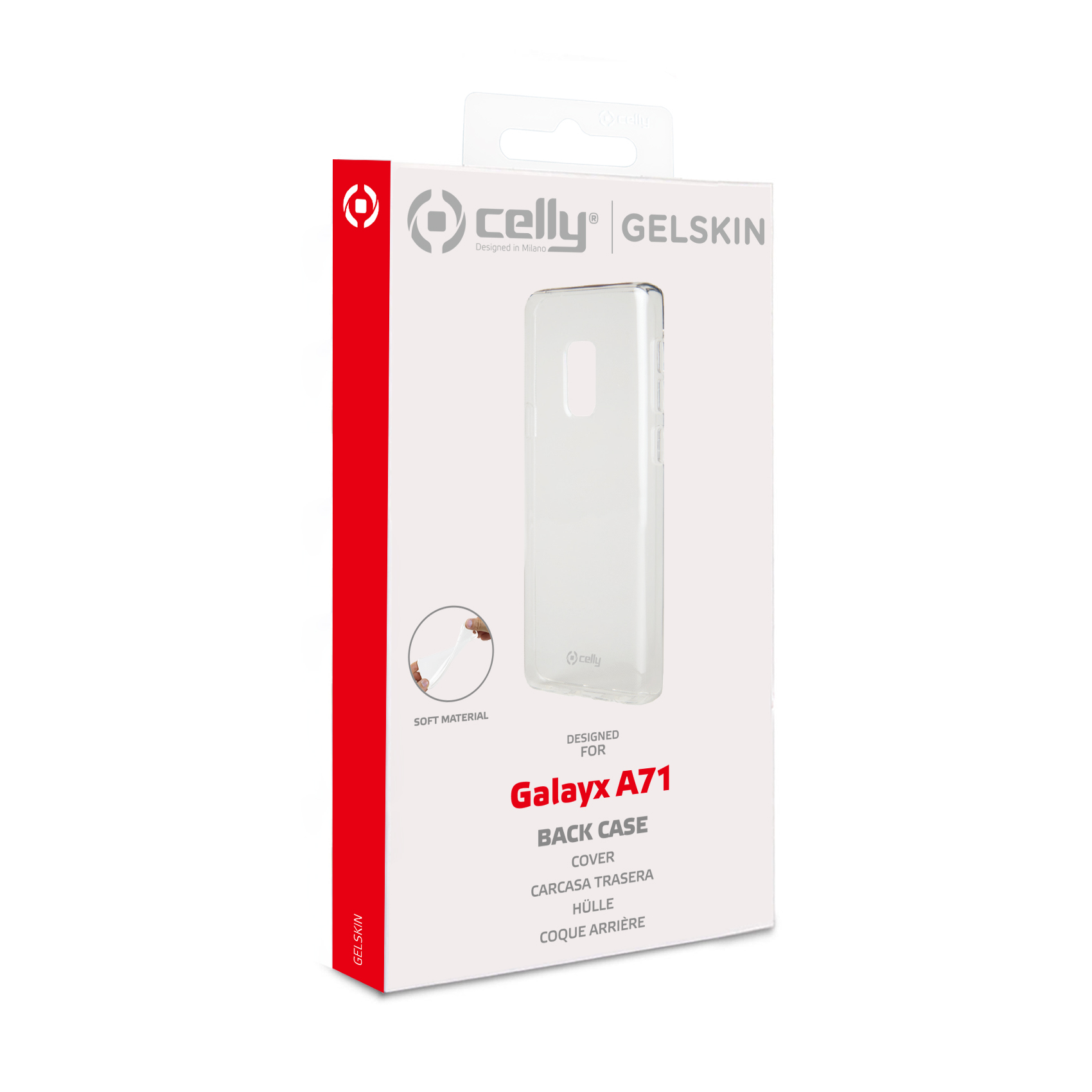Custodia bianca per telefono Samsung Galaxy A71. La scatola dice 'Gelskin' e 'Soft Material'.