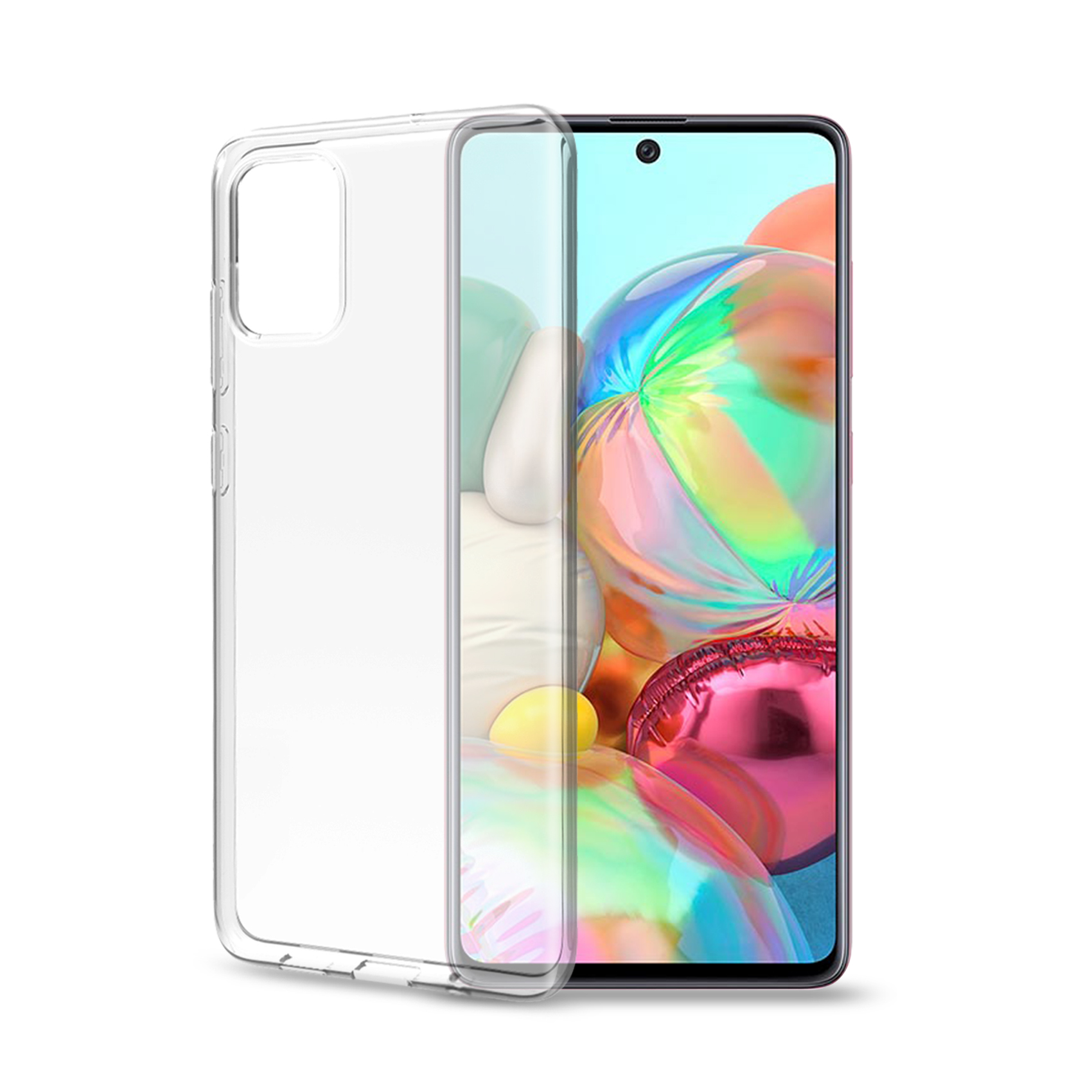 Un telefono con una custodia trasparente su sfondo bianco. Il telefono ha un retro rosa.
