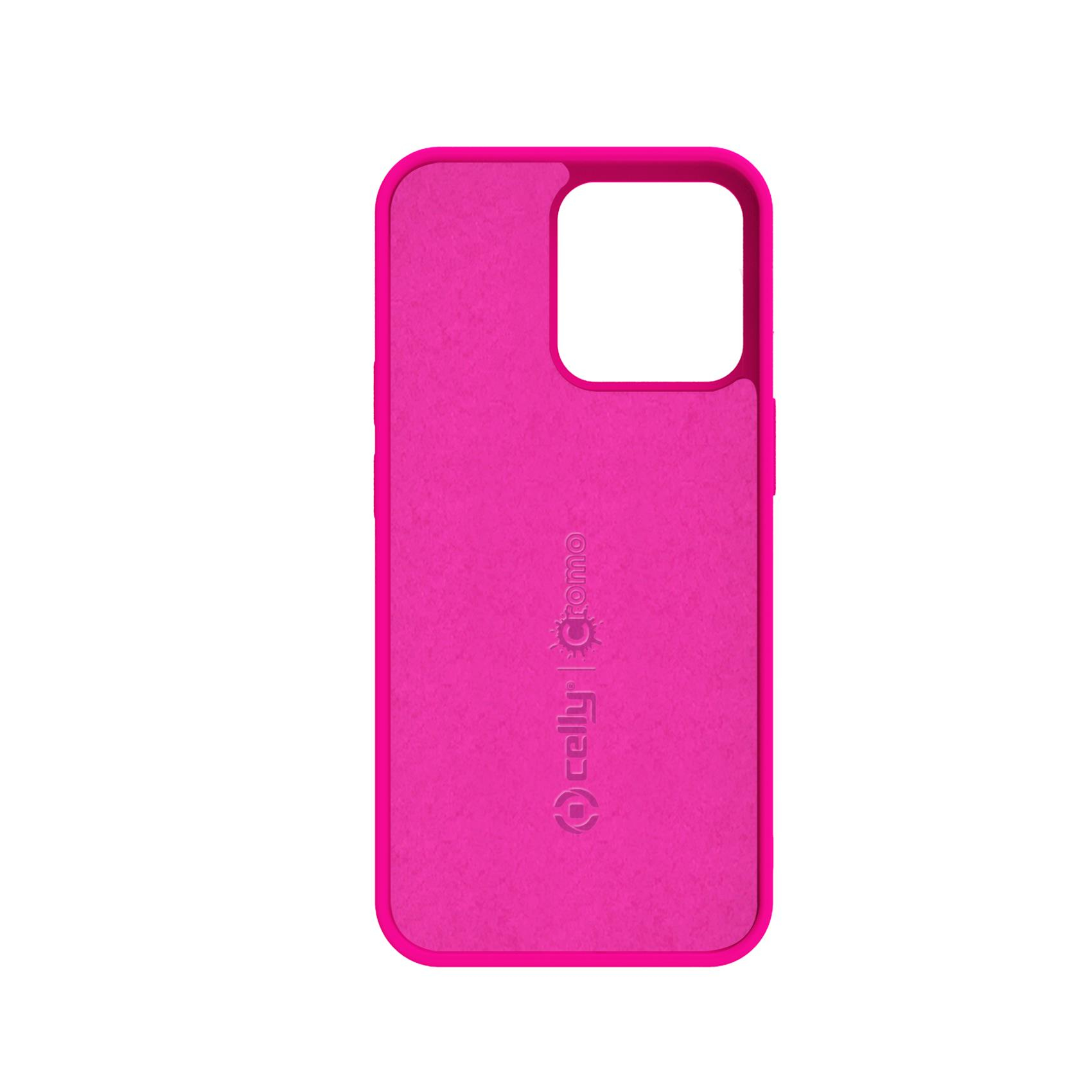 Custodia per telefono rosa, con ritaglio per fotocamera e logo del marchio.